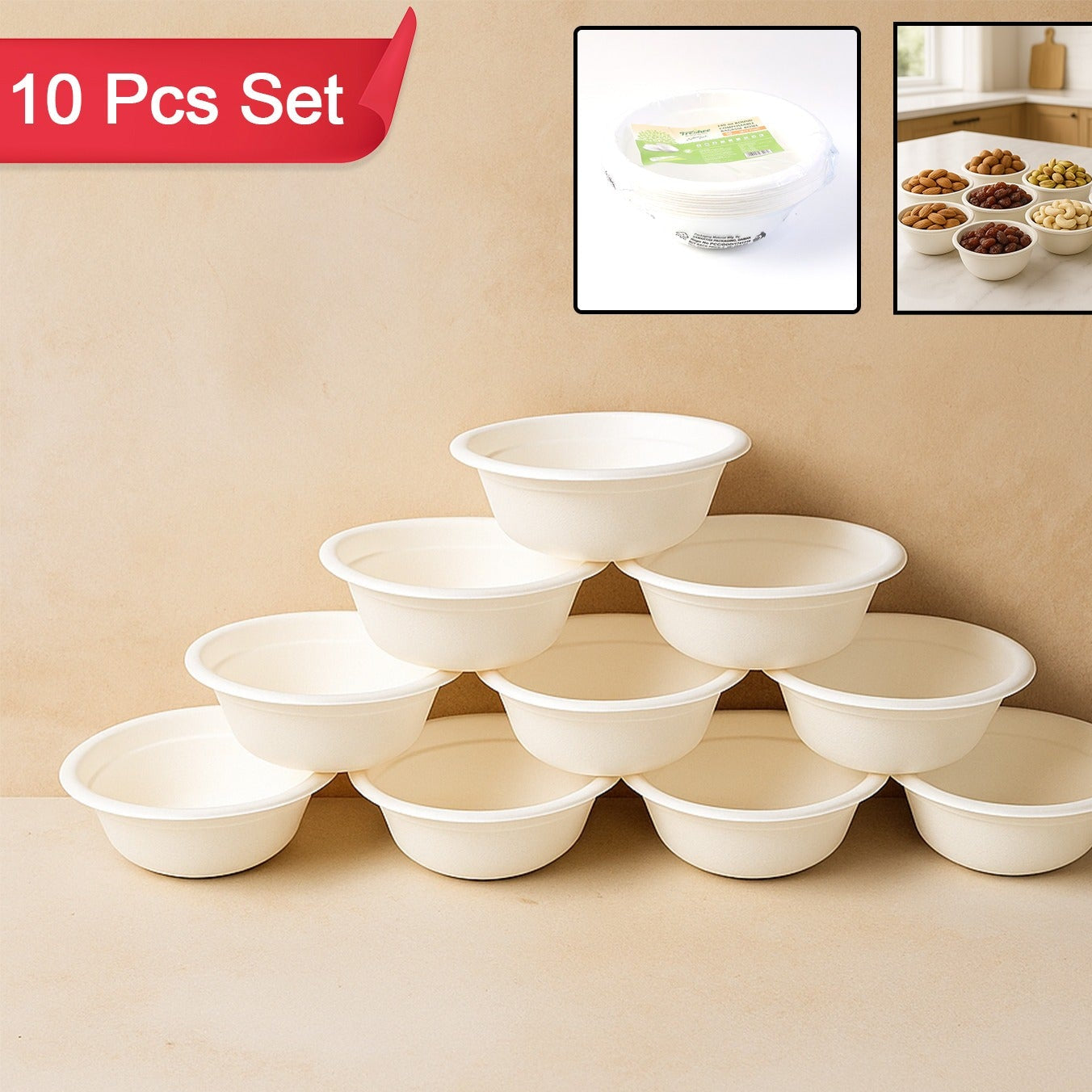 240 Ml Compostable Bagasse Bowls - Pack of 10 Eco-Friendly Serving Dishes - Happy Price - Image 1
