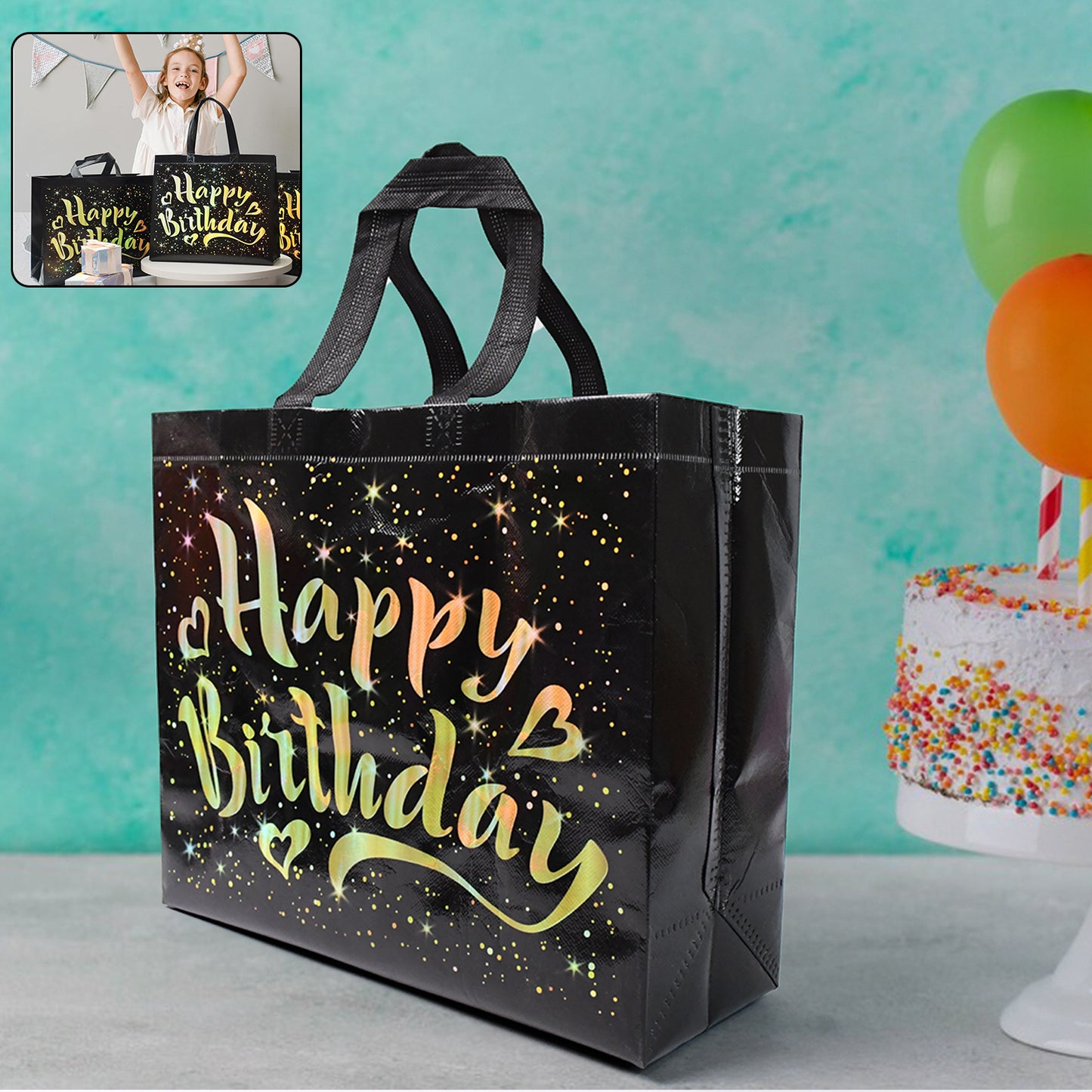 Birthday Gift Bag With Gold Shiny Stars Reusable Party Gift Bags (1 Pc) - Happy Price - Image 2