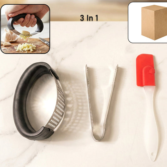 3-in-1 Kitchen Gadget Set: Garlic Press, Tongs & Spatula - Happy Price - Image 1