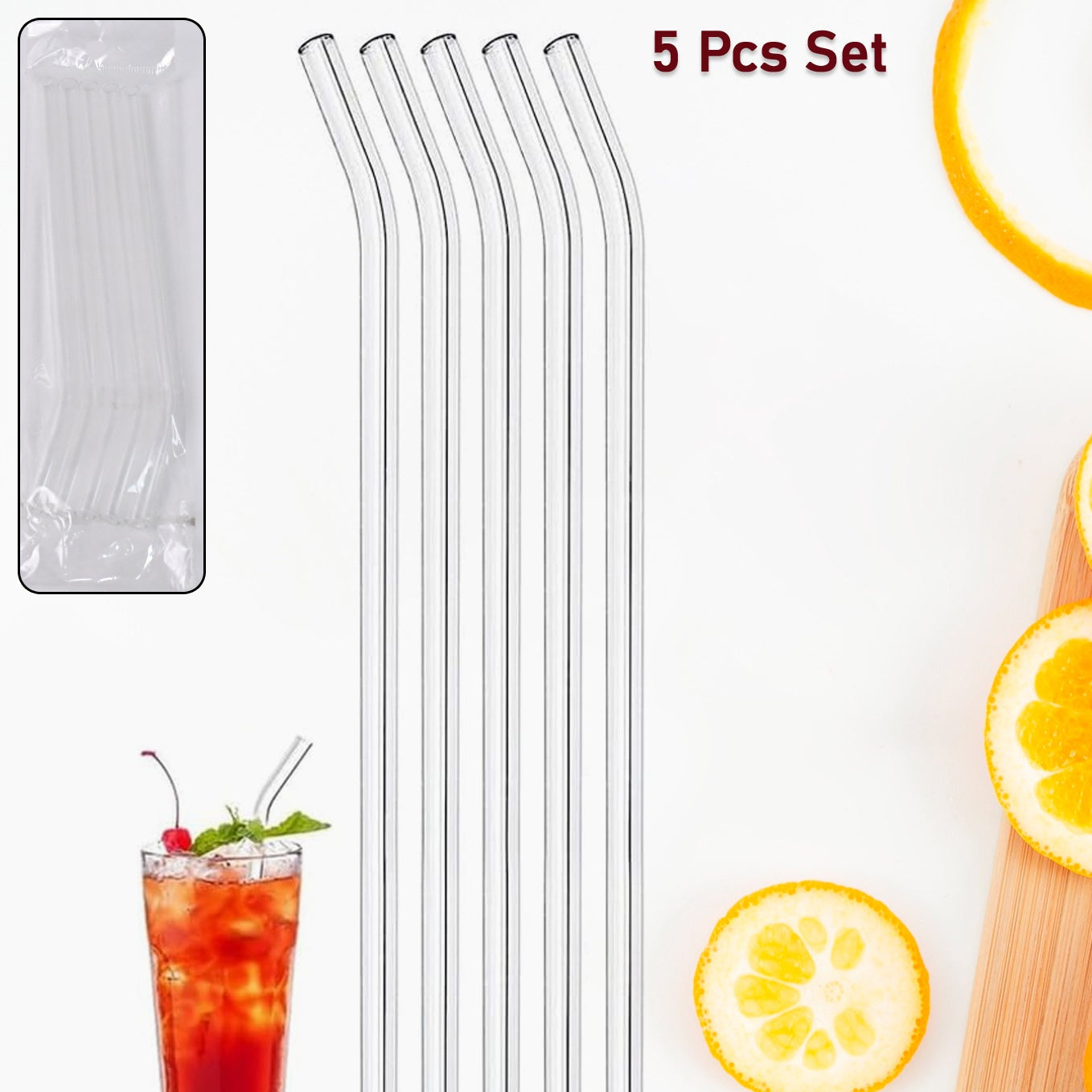 Clear Glass Drinking Straws Set - 5 Pieces, Reusable & Dishwasher Safe - Happy Price - Image 1