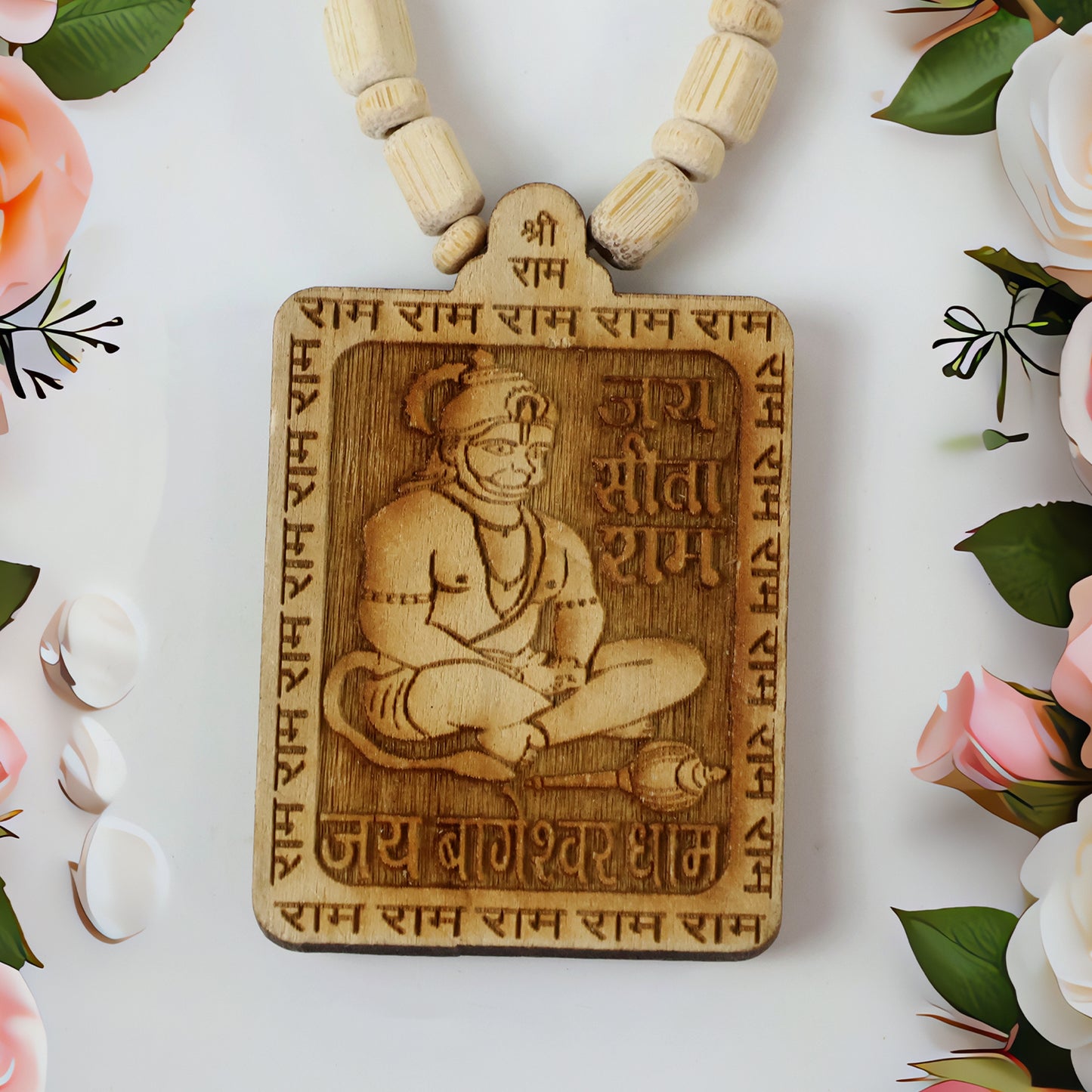 Wooden Hanuman Pendant Mala with Sacred Engravings - 1 Pc - Happy Price - Image 3
