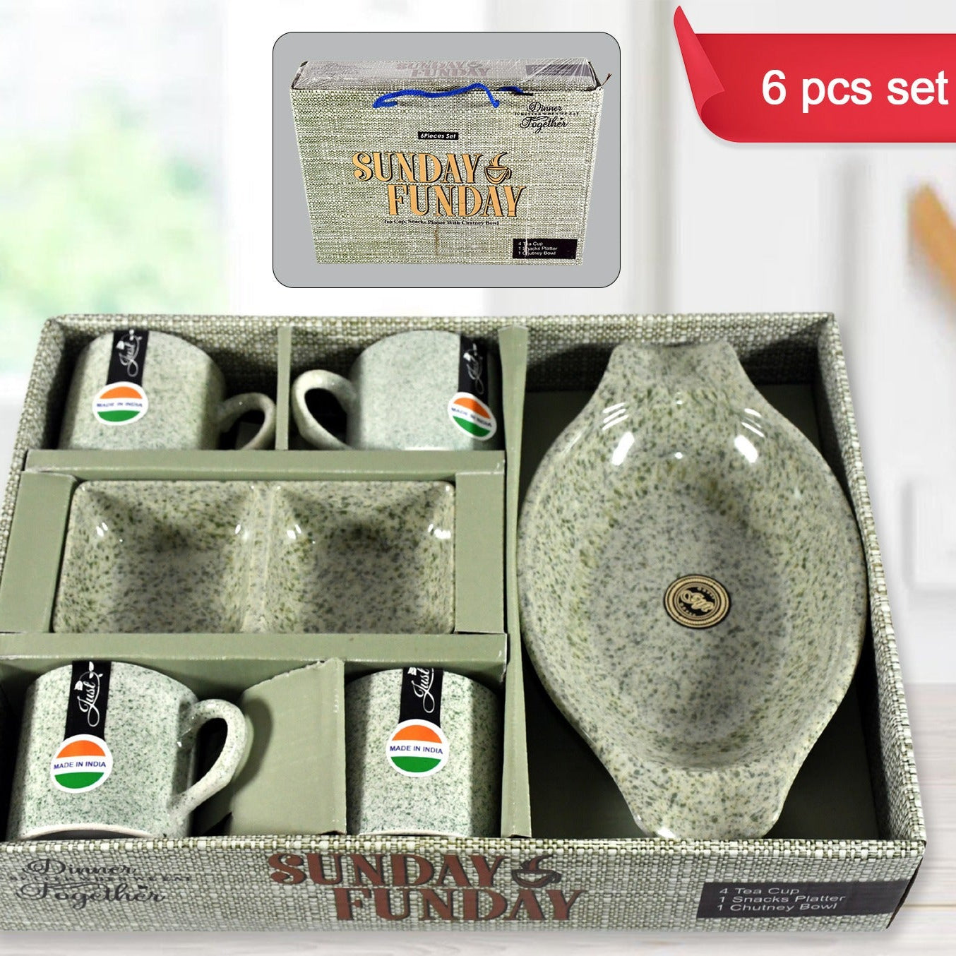 Sunday Funday Ceramic Tea  Cups  Mug With Plastic Snacks Platter And 2 Compartment Chutney Bowl Milk Cup Coffee Cup Breakfast Cup Drinking Mug Or Outdoor For Household Gift For Birthday Wedding Party (6 Pcs Set) - Happy Price - Image 1