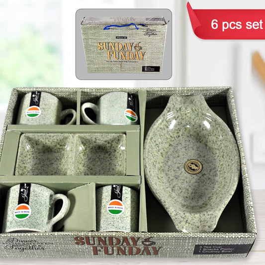 Sunday Funday Ceramic Tea  Cups  Mug With Plastic Snacks Platter And 2 Compartment Chutney Bowl Milk Cup Coffee Cup Breakfast Cup Drinking Mug Or Outdoor For Household Gift For Birthday Wedding Party (6 Pcs Set) - Happy Price - Image 1