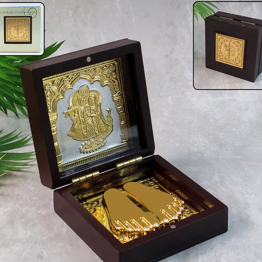 Golden Charan Paduka Set in Wooden Box - Spiritual Pooja Accessory - Happy Price - Image 1