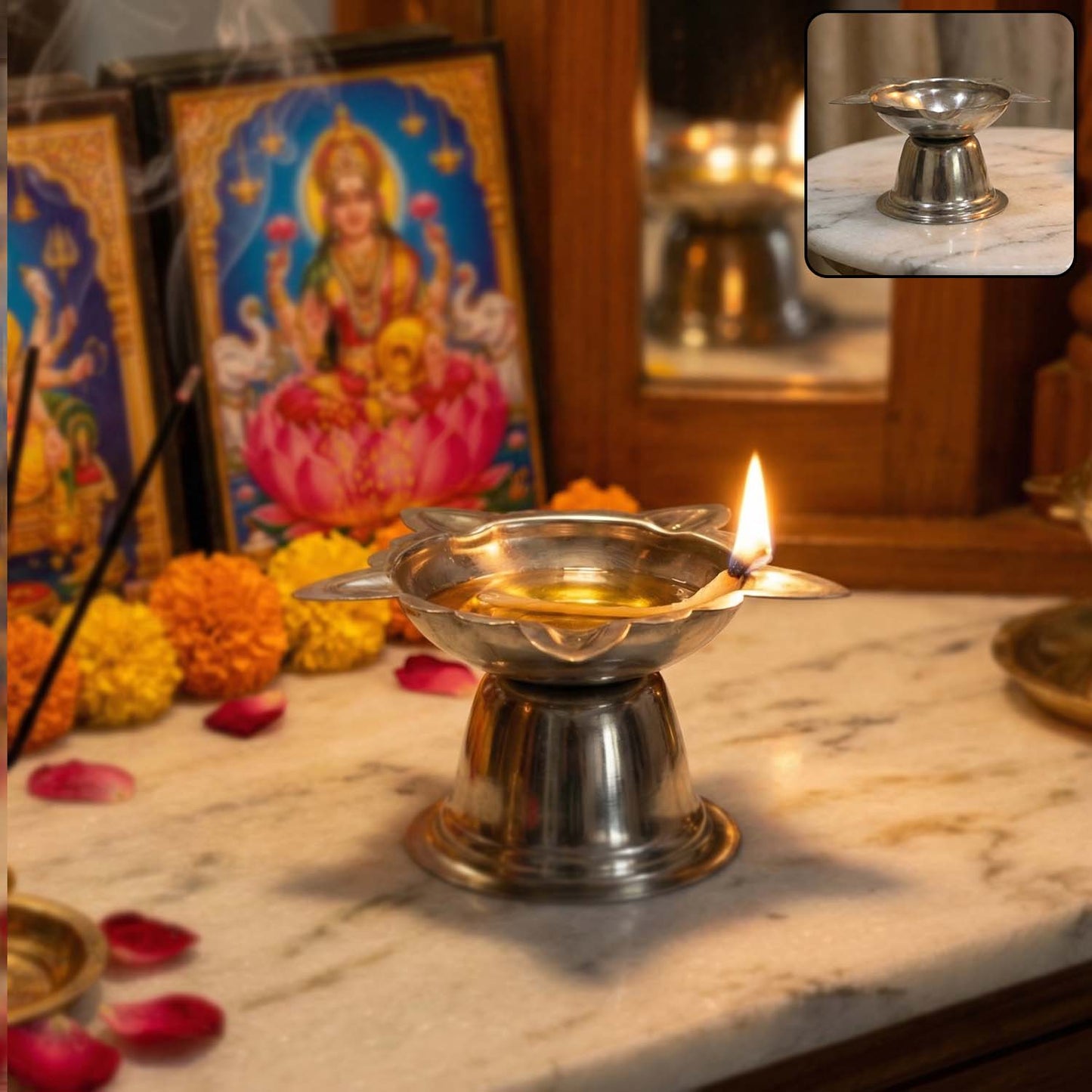 Big Stainless Steel Sunflower Diya Stand for Pooja - 1 Pc - Happy Price - Image 2