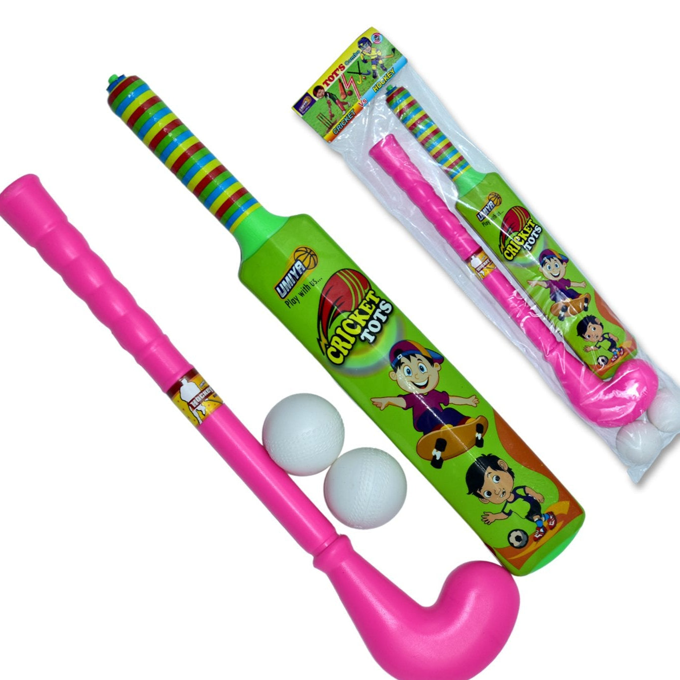 Combo Of Light Weight Plastic Bat Ball  Hockey For Kids Boys Indoor Outdoor Play - Happy Price - Image 1