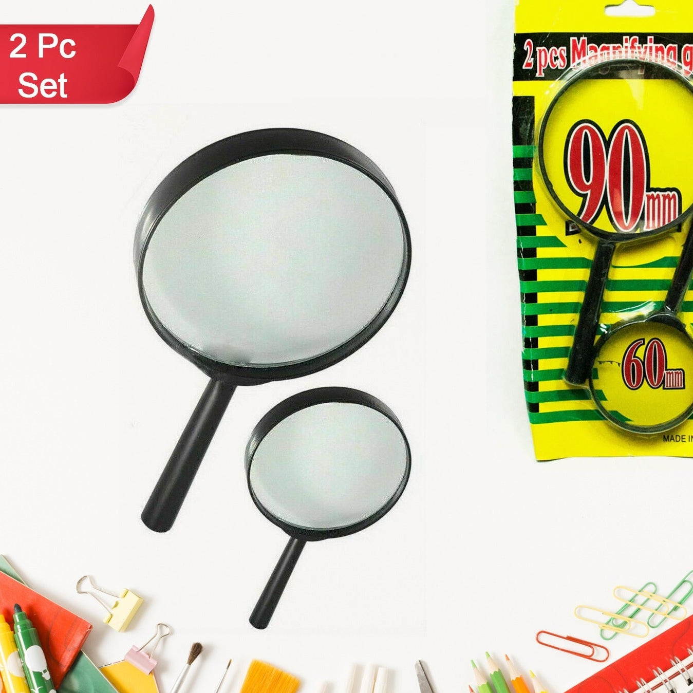 2 Pc Glass Magnifying Glass Set for Reading - 90mm & 60mm Lenses - Happy Price - Image 1