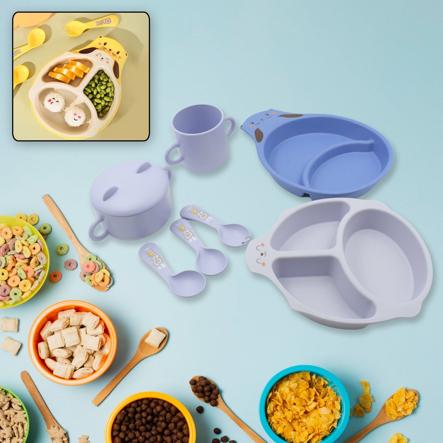 Baby Feeding Set For Kids And Toddlerschildren Children Dinnerware Set - Bamboo Fibre Feeding Set For Kids Cartoon Design Plate Cup Spoon Fork And Chopsticks Tableware Cutlery For Kids Microwave  Dishwasher Safe (7 Pcs Set) - Happy Price - Image 6