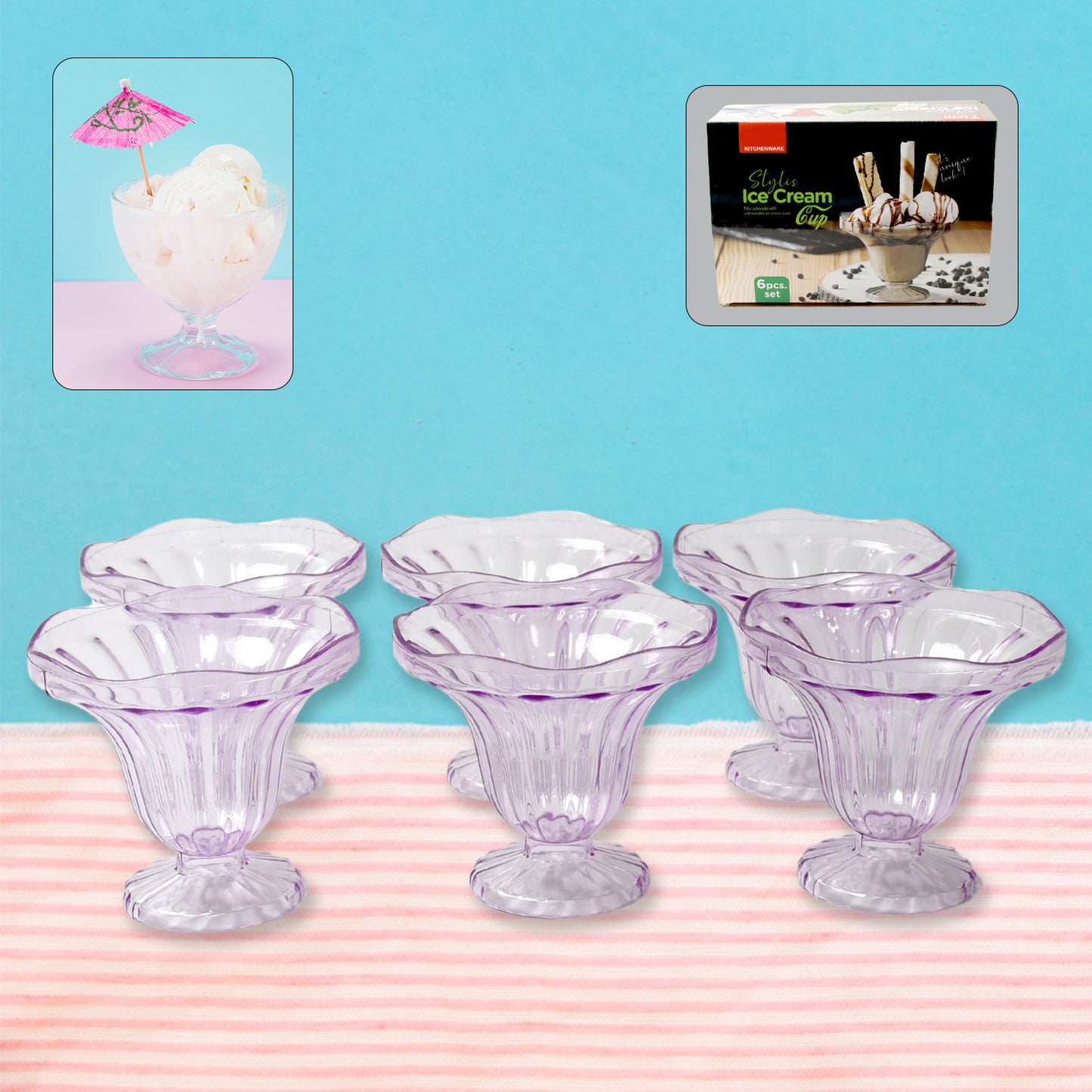 Crystal Plastic Ice-cream Bowl Home  Kitchen Serving Platter Or Dessert Cup For Sundae Sweets Snacks Fruit Pudding Nuts Or Dip Serving Bowls (Crystal Cups Set Of 6) - Happy Price - Image 2