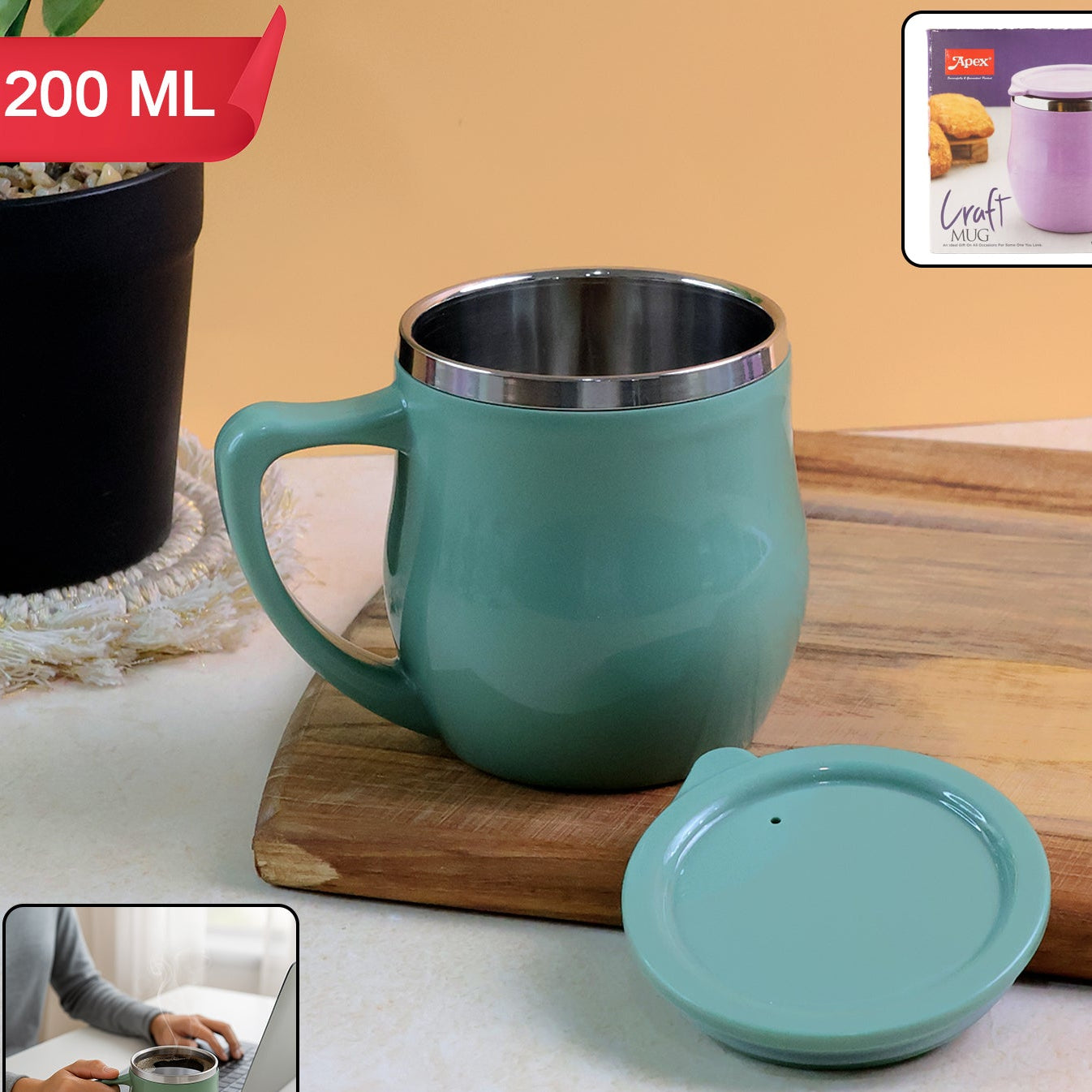 Apex 200ml Double Wall Desk Mug with Lid - Stainless Steel Inner - Happy Price - Image 1
