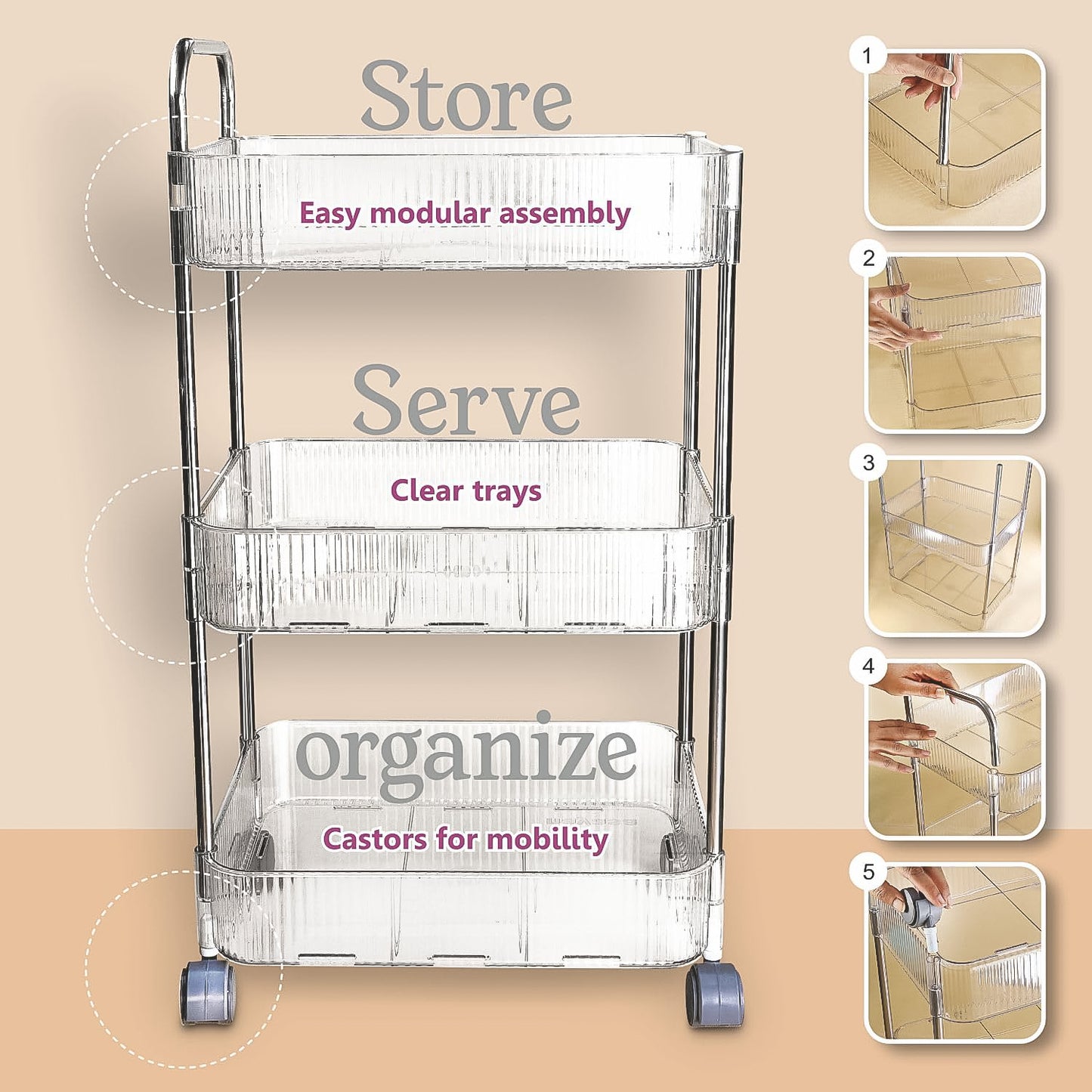 3-Tier Rolling Storage Trolley with Wheels - Metal Frame & Transparent Baskets - Happy Price - Image 4