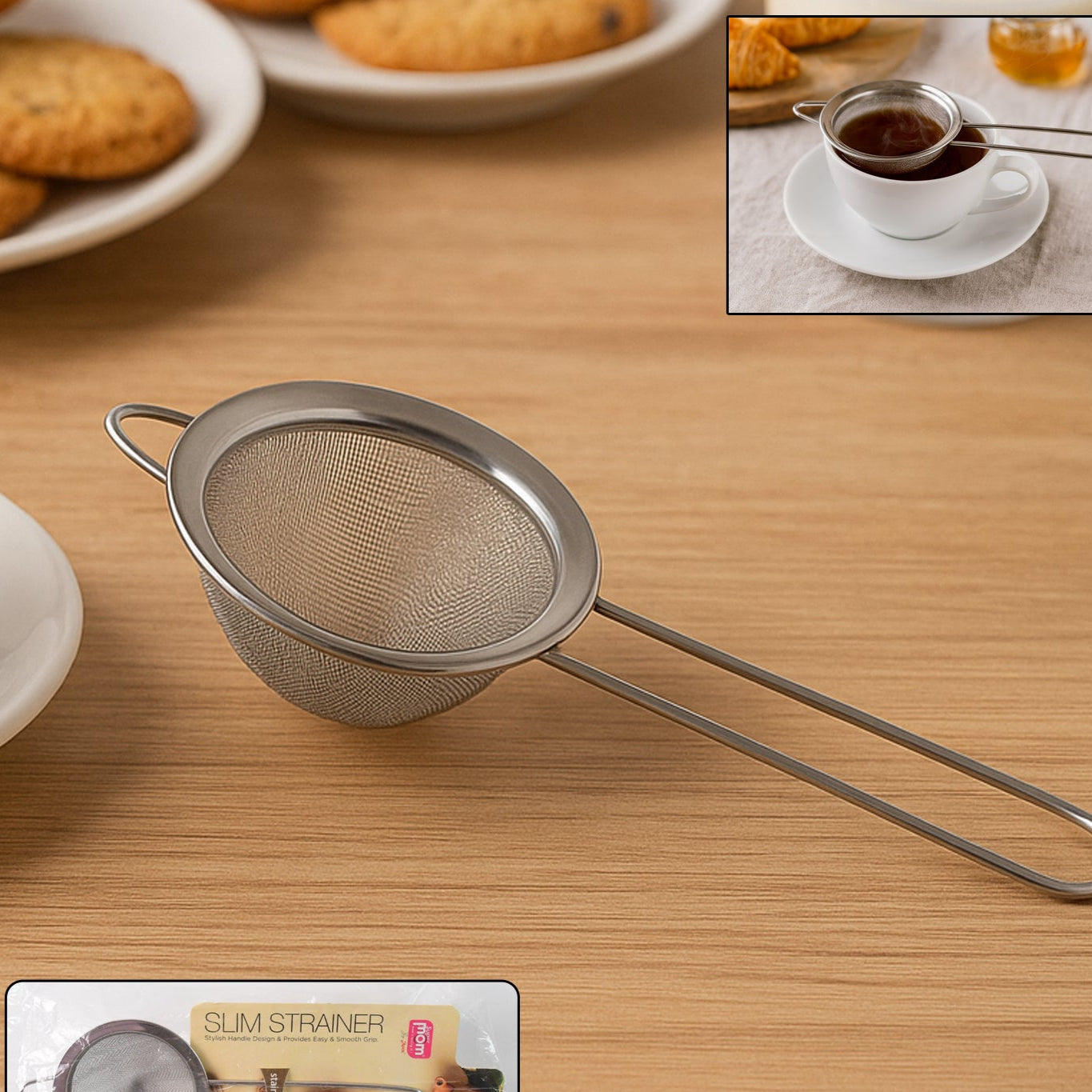Supermom Slim Stainless Steel Kitchen Strainer - Fine Mesh Sieve for Tea, Coffee, Juices & Cooking (1 Pc) - Happy Price - Image 1