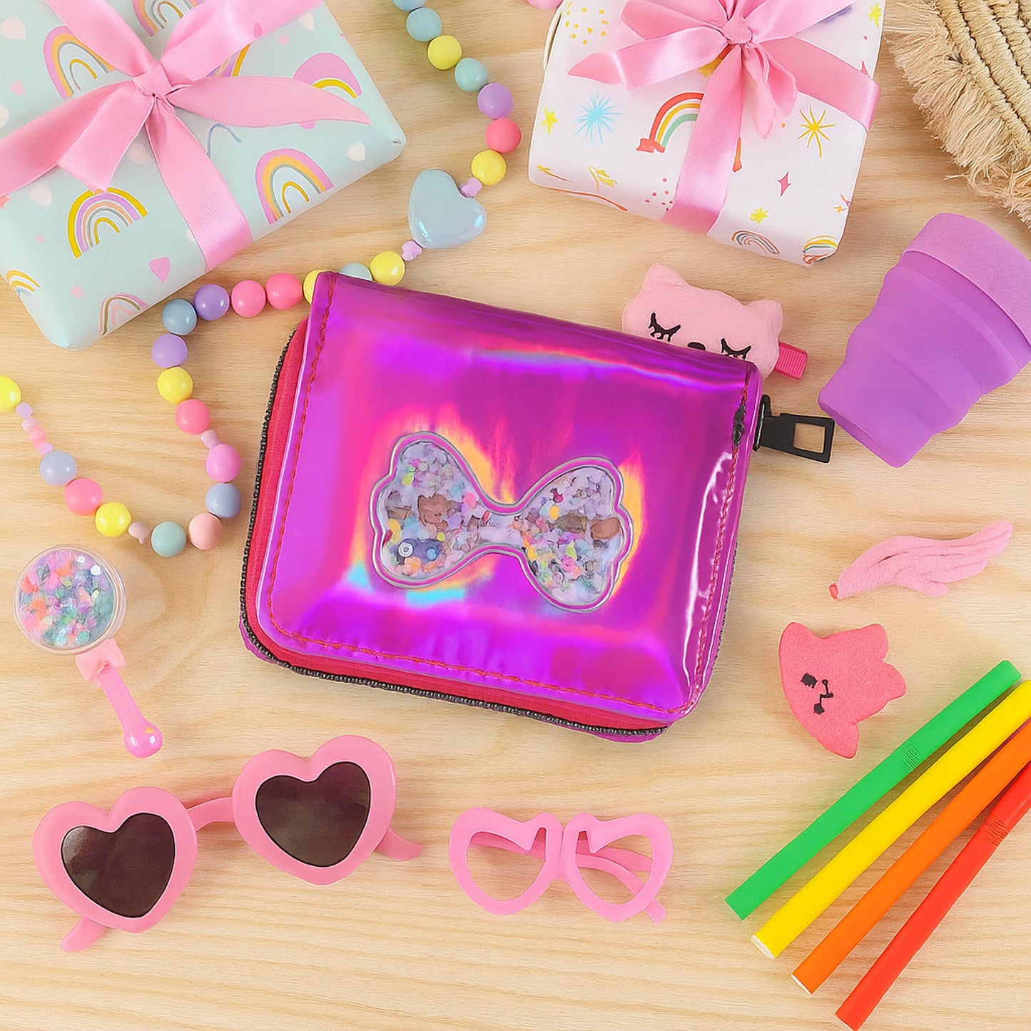 Vibrant Kids Wallet (1 Pc) - Stylish Zip Pouch with Glitter Bow - Happy Price - Image 7