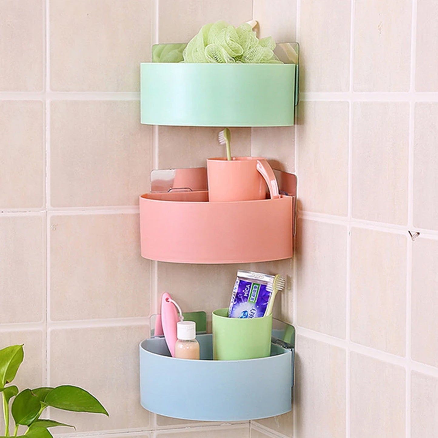 Corner Shelf Bathroom Kitchen Rack Self Adhesive Shower Caddy Plastic Triangle Wall Mount Storage Basket - Happy Price - Image 2