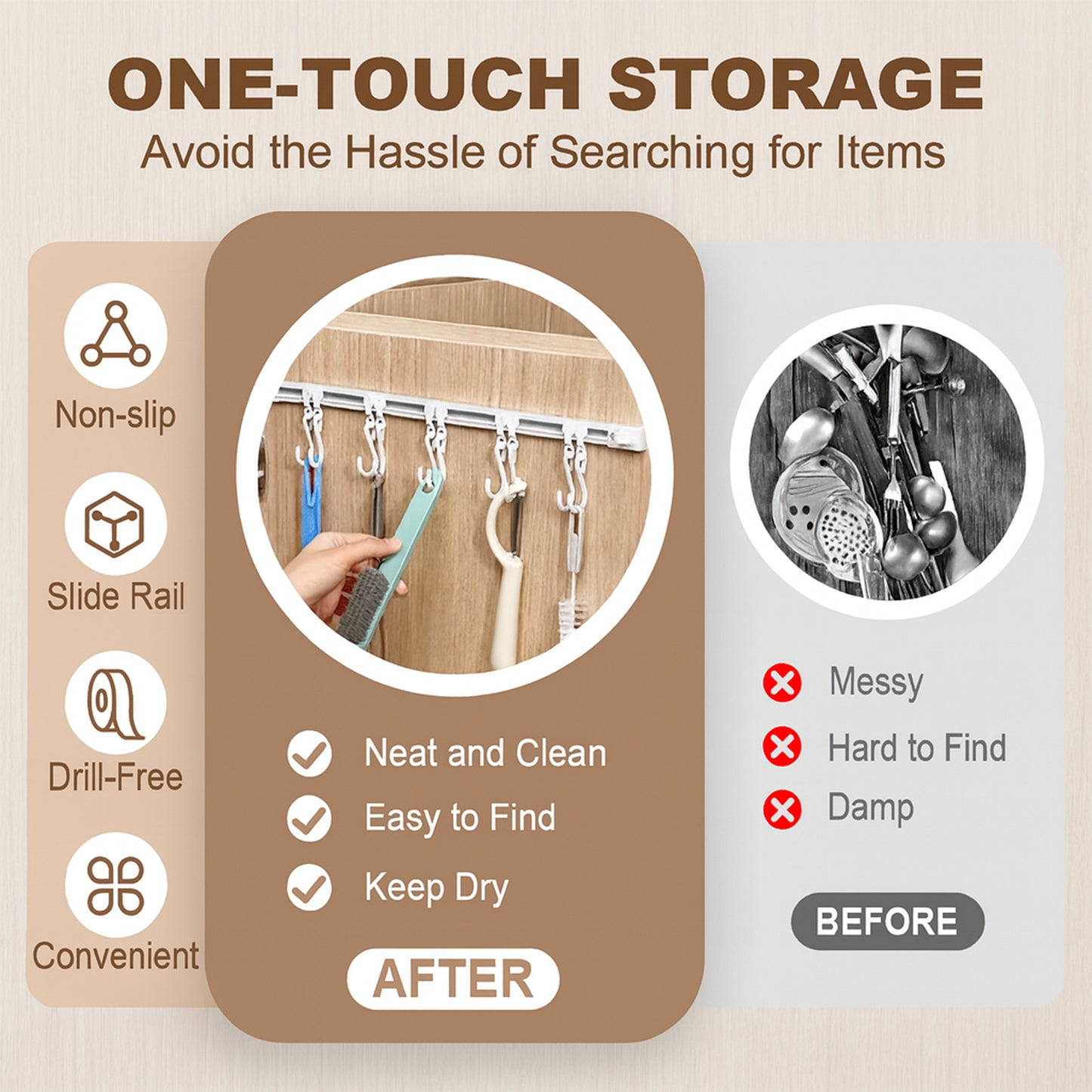 Wall Mounted Kitchen Organizer Rail with 10 Adjustable Hooks - Happy Price - Image 3