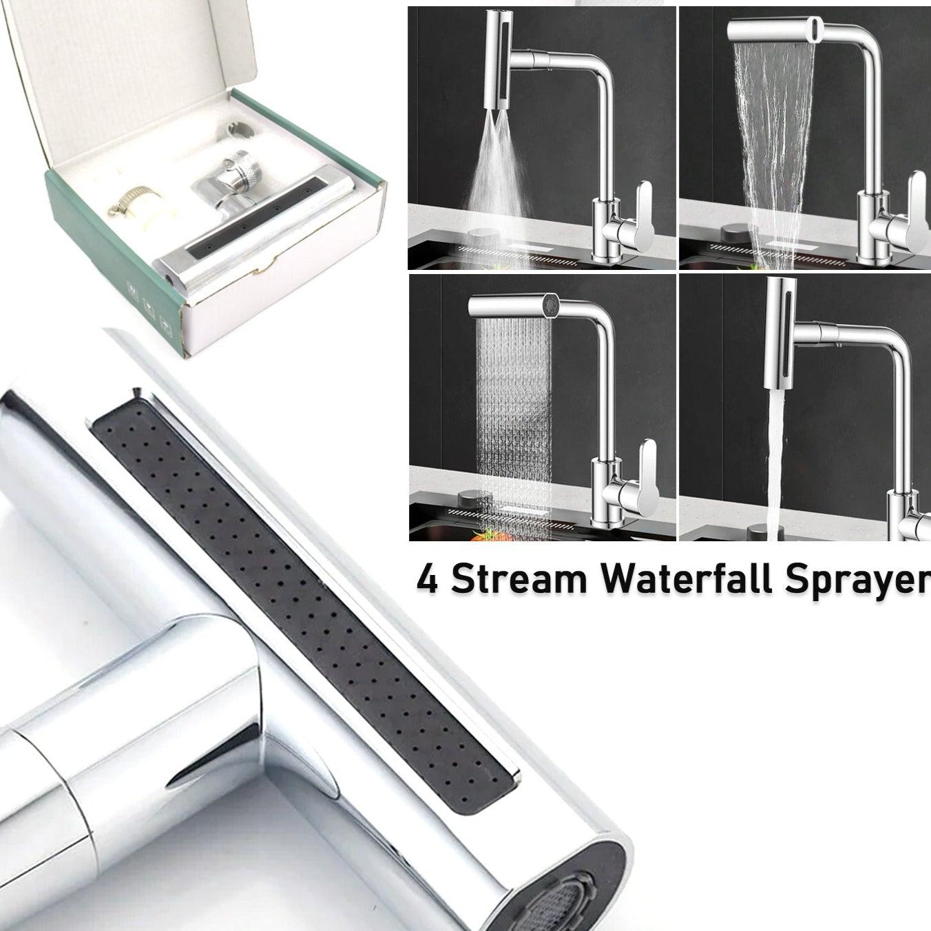 Multifunction Shower Waterfall Kitchen Faucet 360 Rotation Waterfall Kitchen Faucet Touch Kitchen Faucet Faucet Extender For Kitchen Sink Swivel Waterfall Kitchen Faucet For Washing Vegetable Fruit (4 In 1 ) - Happy Price - Image 1