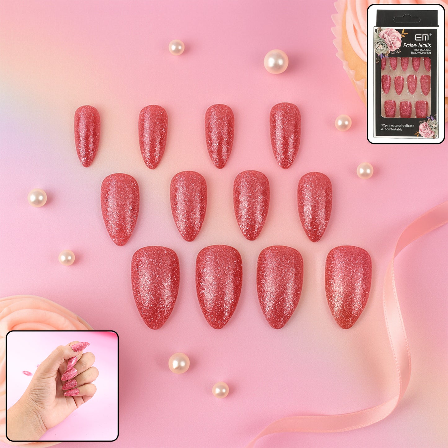 Glitter Press-On False Nails - 1 Set / 12 Pcs Artificial Nail Tips - Happy Price - Image 2