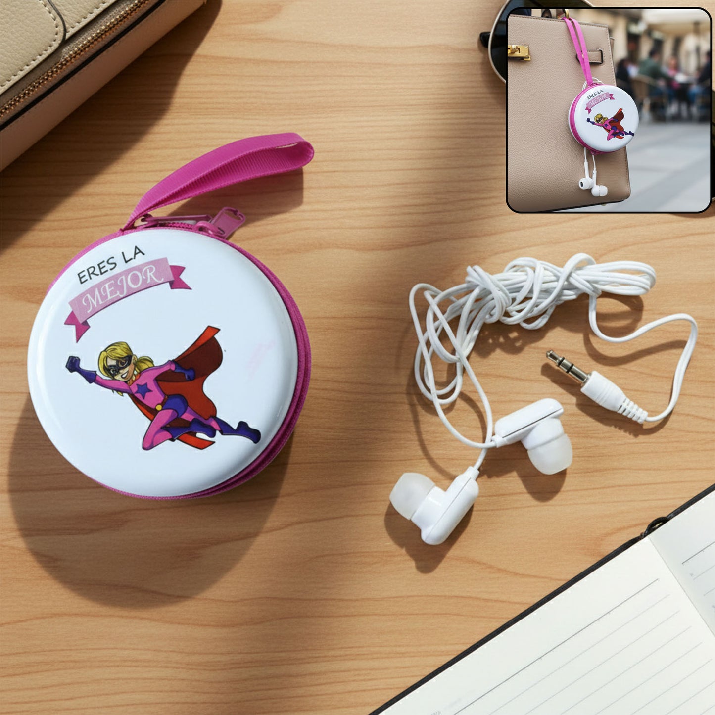 Portable Earphone Case with Wired Earphones Set - Round Zipper Pouch with Strap - Happy Price - Image 2