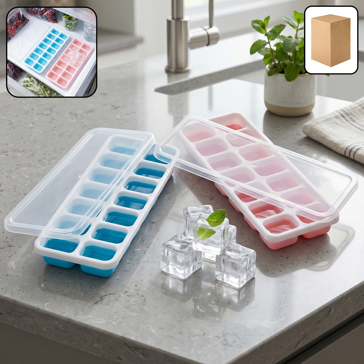 Set of 2 Plastic Ice Cube Trays with Lids - 14 Grids Each - Happy Price - Image 2