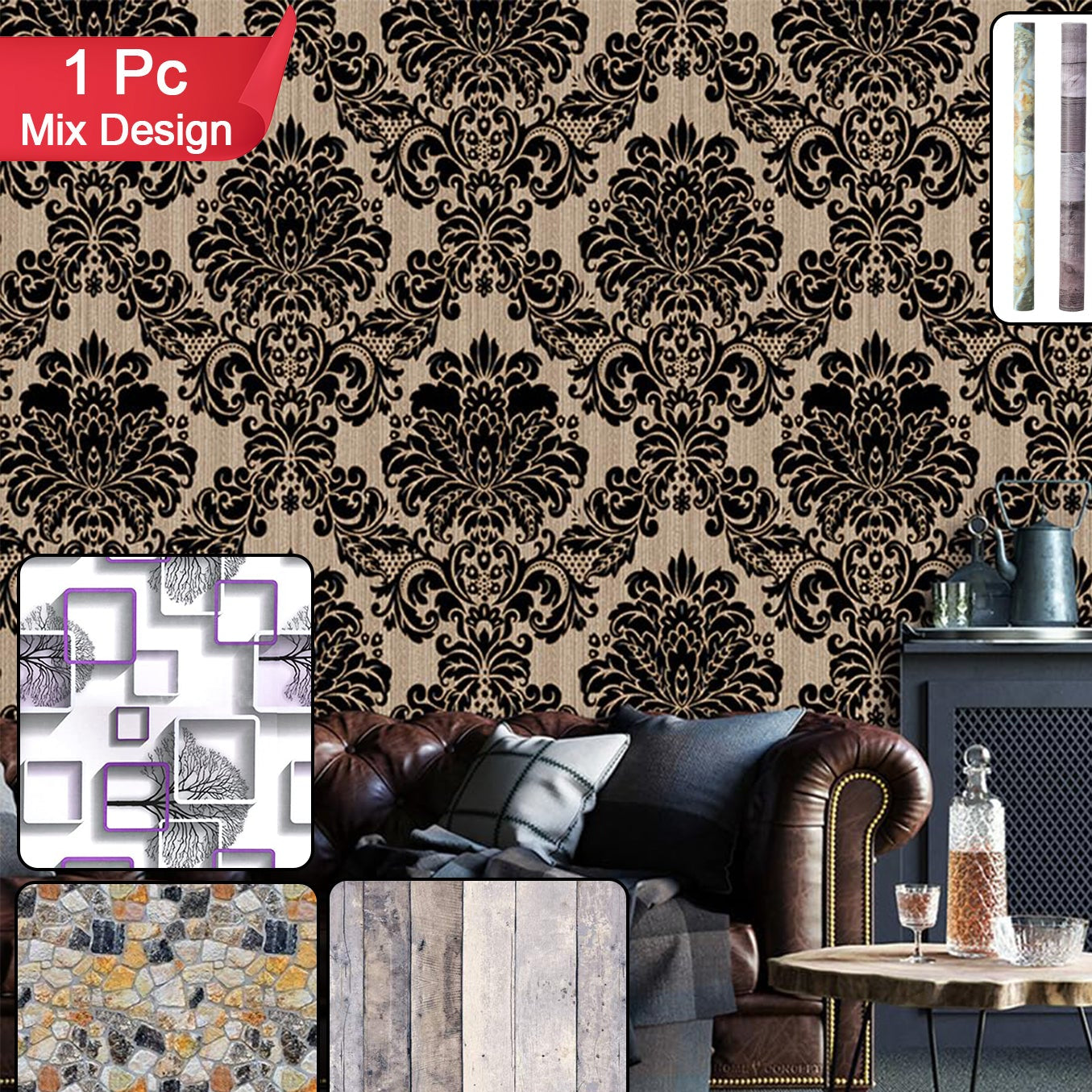 Self-Adhesive Waterproof Vinyl Wallpaper Roll - 1 Pc Mix Design (45cm x 1m Approx) - Happy Price - Image 1