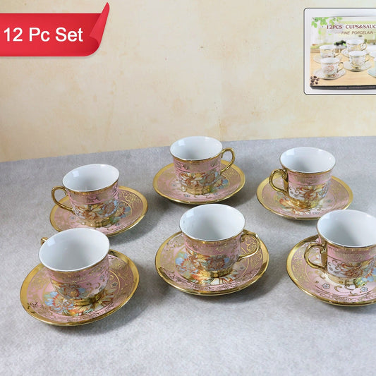 Elegant Floral Porcelain Tea Cup and Saucer Set - 12 Piece - Happy Price - Image 1