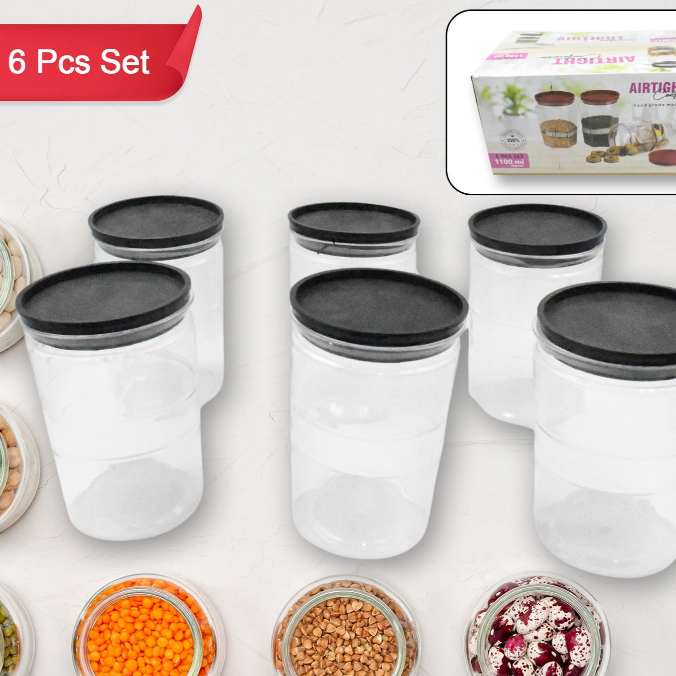 Air Tight Kitchen Storage Container For Rice  Dal  Atta Bpa-free Flour  Cereals  Snacks  Stackable  Modular Round. (Approx - 1100ml Set Of 6pcs) - Happy Price - Image 1