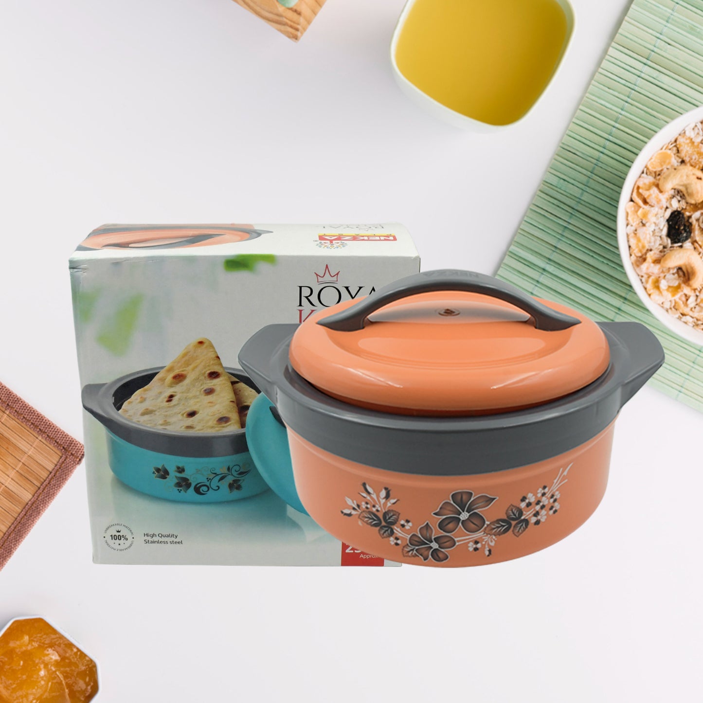 Casserole Box For Food Searving Inner Steel Insulated Casserole Hot Pot Flowers Printed Chapati Box For Roti Kitchen (Approx 2500 Ml) - Happy Price - Image 2
