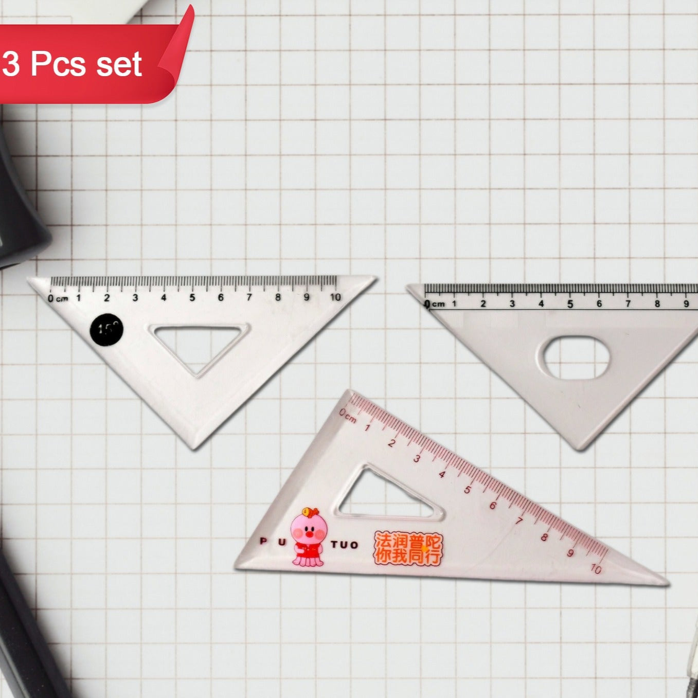 Transparent Plastic Set Square Ruler Kit (3 Pc) - Happy Price - Image 1