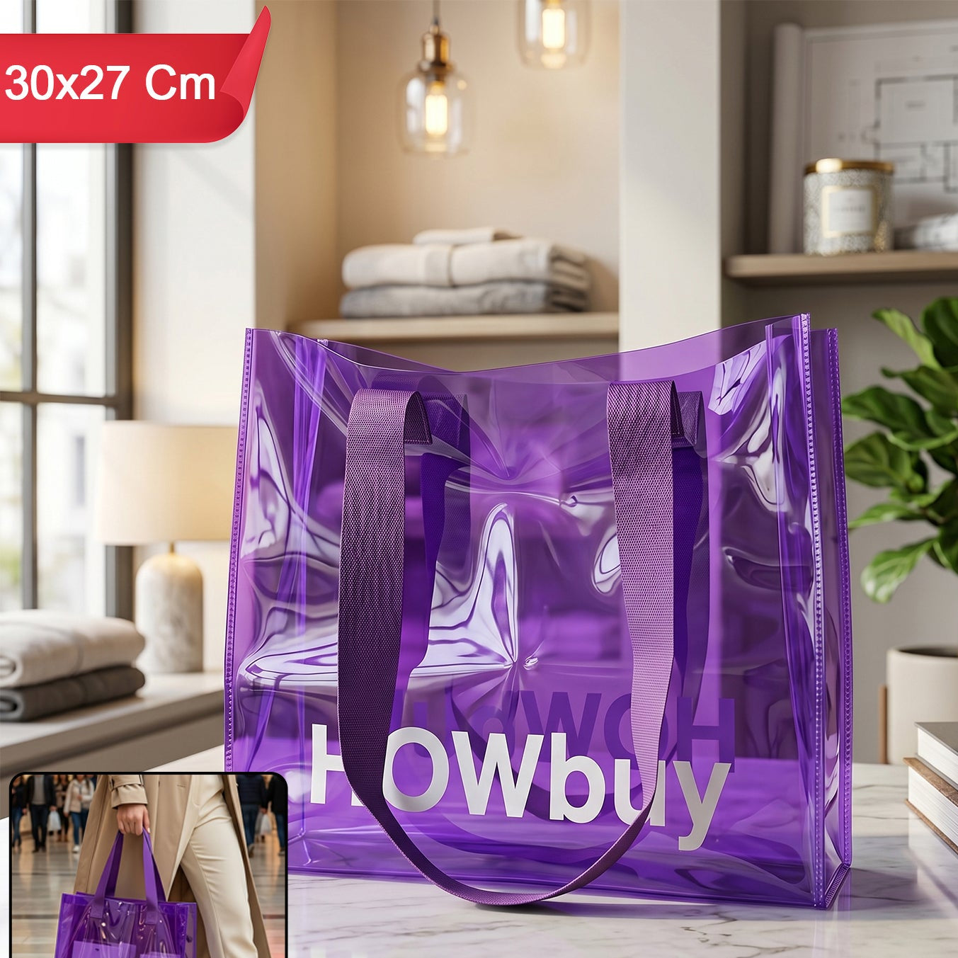 Stylish Transparent Carry Bag With Handle Strap (30x27 Cm)