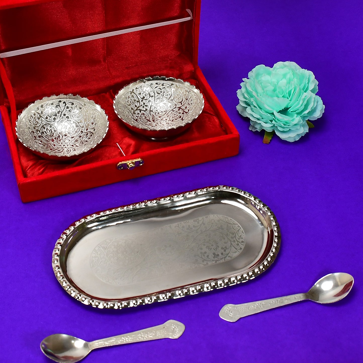 Silver Plated 2 Bowl 2 Spoon Tray Set Brass With Red Velvet Gift Box Serving Dry Fruits Desserts Gift - Happy Price - Image 7