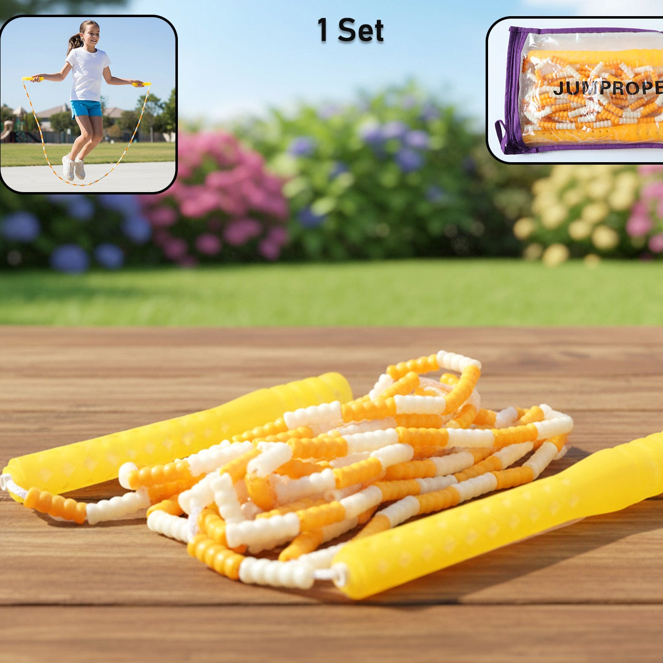 Yellow & White Beaded Skipping Rope for Kids - 1 Set - Happy Price - Image 1