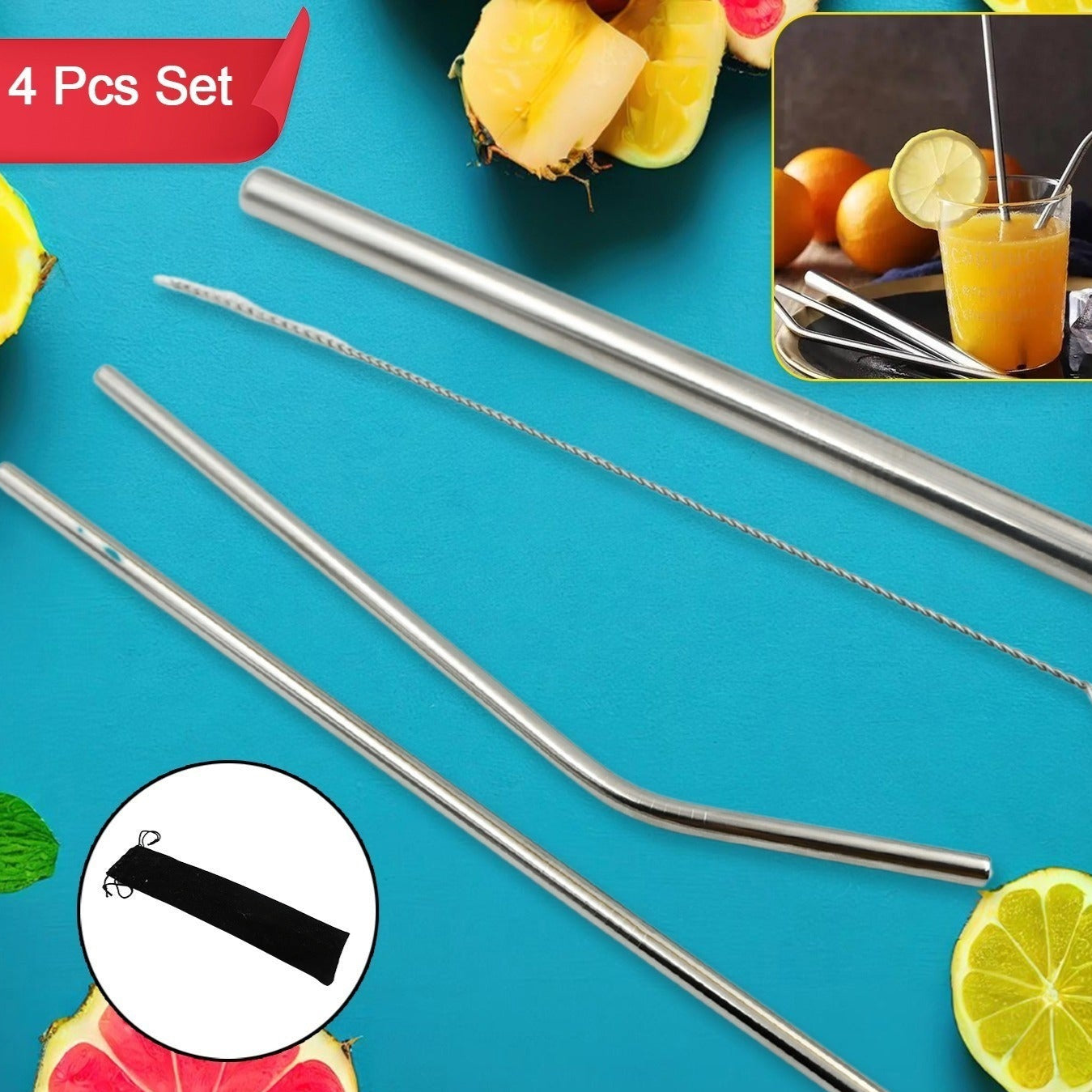 Reusable Stainless Steel Straws With Travel Case Cleaning Brush Eco Friendly Extra Long Metal Straws Drinking Set Of 4 (2 Straight Straws 1 Bent Straws 1 Brush) - Happy Price - Image 1