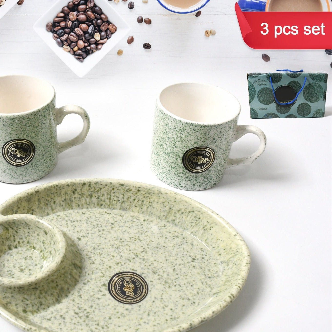Alpino Ceramic Tea  Cups Set With Plastic Serving 2 Compartment Platter Milk Cup  Mug Coffee Cup Tea Cup Bpa Free Food Grade Or Outdoor For Household Gift For Birthday (3 Pcs Set) - Happy Price - Image 1