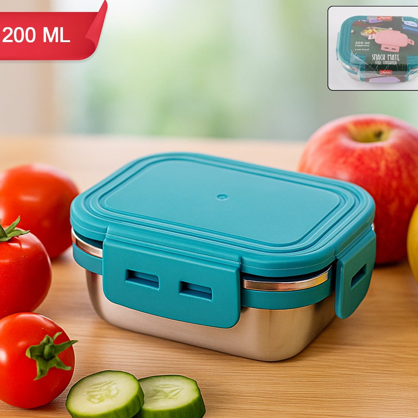Apex Stainless Steel Mini Food Container, 200 ML, Teal Leak-Proof Lid - Happy Price - Image 1