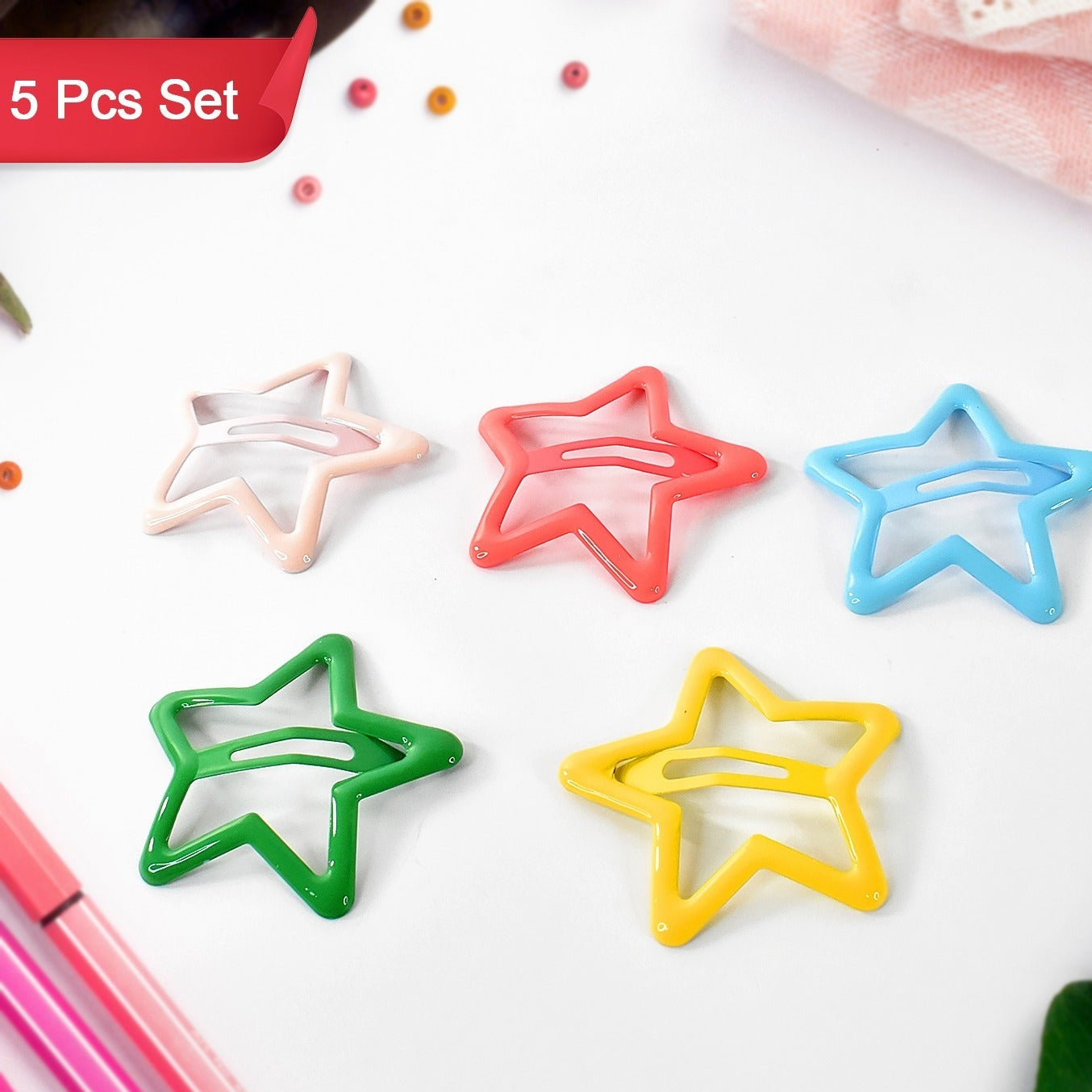 Metal Printed Star Hair Clips - 5 Pcs Set for Women & Girls - Happy Price - Image 1