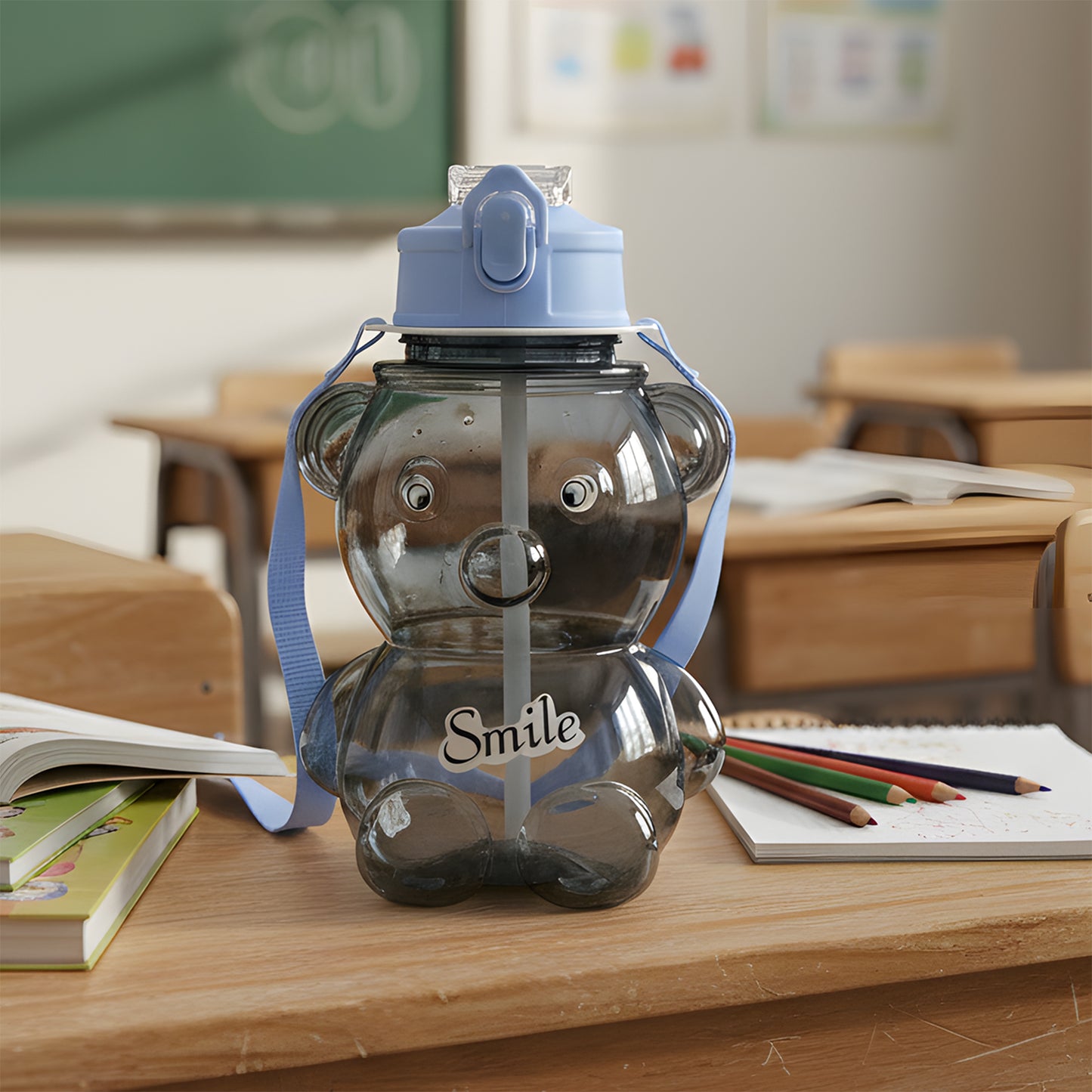 Kids Cartoon Bear Water Bottle With Straw  Shoulder Strap (1 Pc)