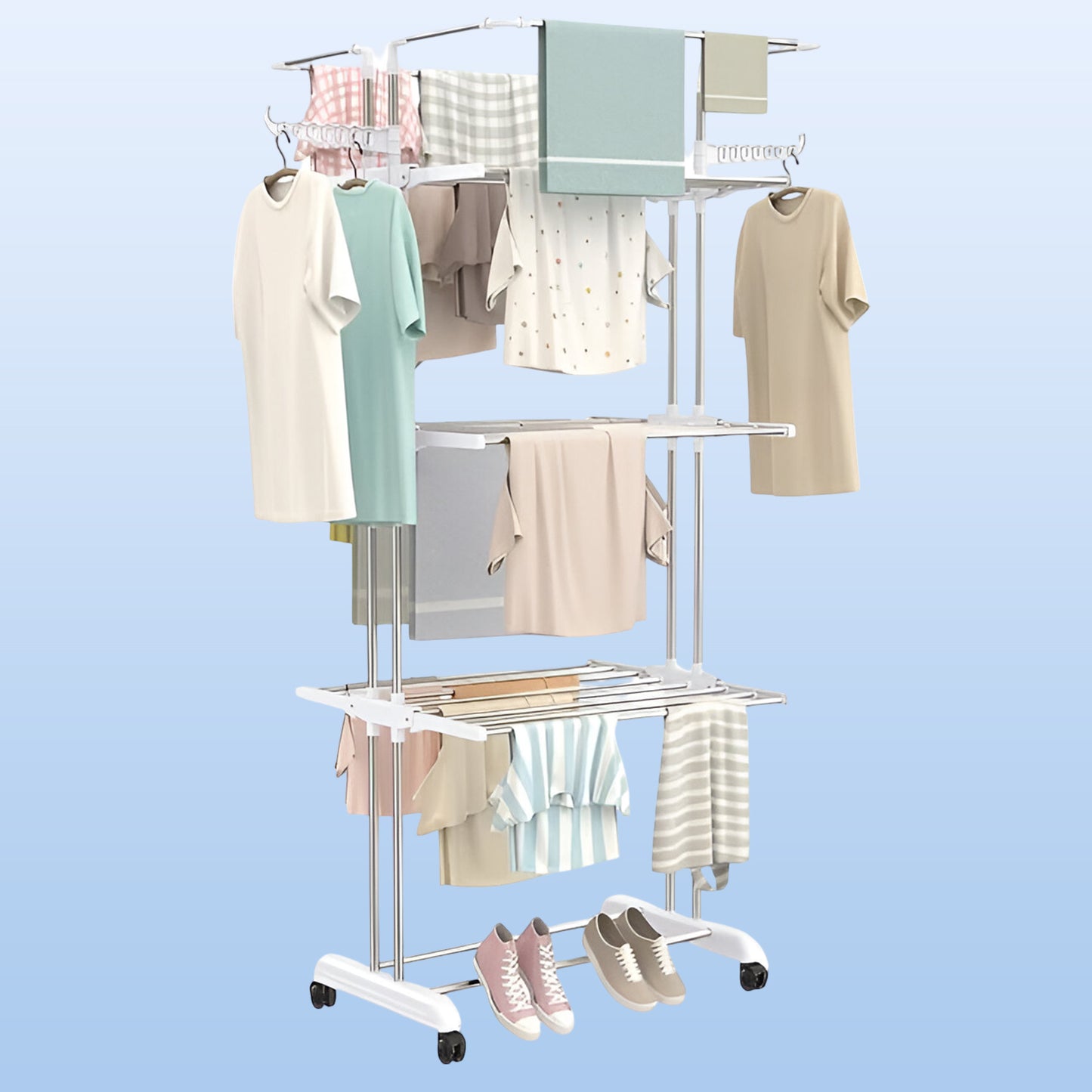 3-tier Foldable Stainless Steel Cloth Drying Stand With Wheels - Happy Price - Image 3