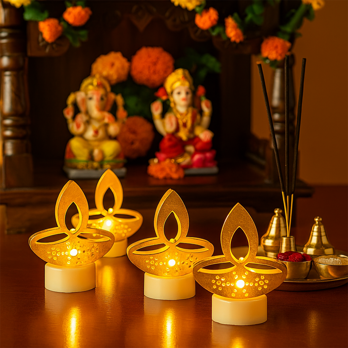 Set of 6 Golden Diya LED Tealight Candles - Flameless Decorative Lights - Happy Price - Image 4