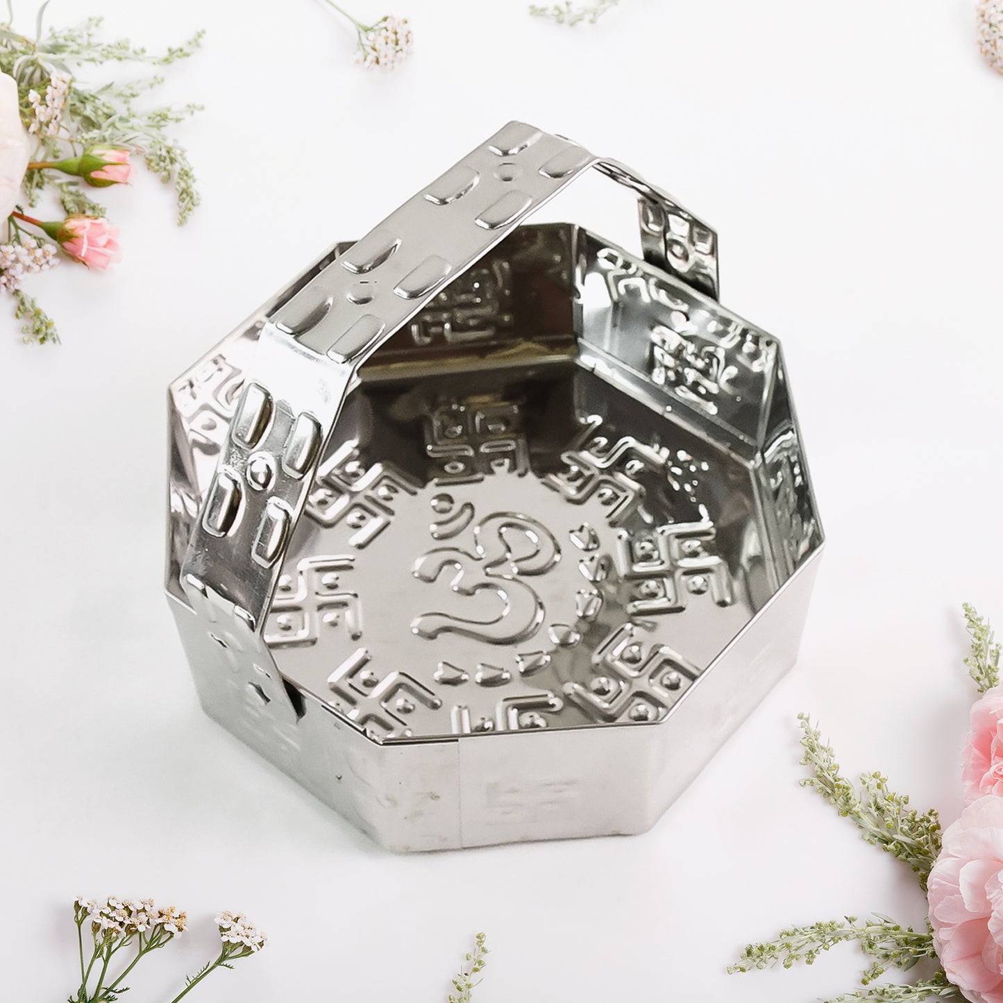 Traditional Stainless Steel Octagon Pooja Basket 1 Pc With Handle - Happy Price - Image 3