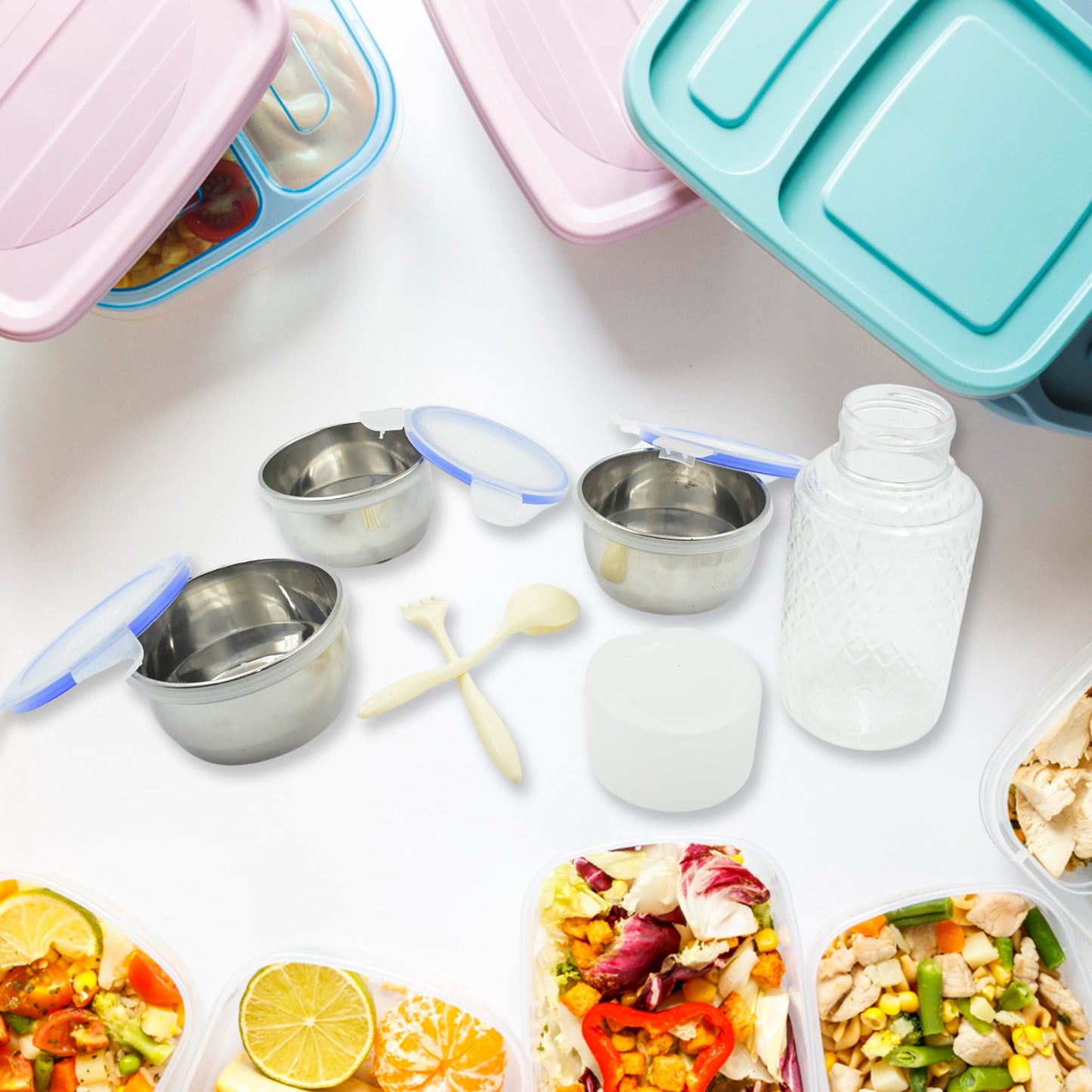 6in1 Tiffin Box-lunch Box  3 Stainless Steel Containers  Plastic Lid Box  Spoon  Fork Plastic Bottle  Insulated Fabric Bag  Leak Proof  Microwave Safe  For Office College And School For Men Women (6 Pcs) - Happy Price - Image 3