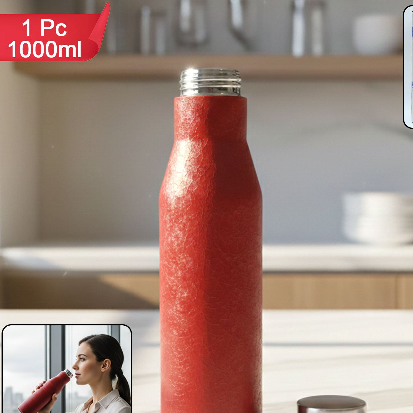Durable Stainless Steel Water Bottle - 1000 ML Capacity, Red Color - Happy Price - Image 1
