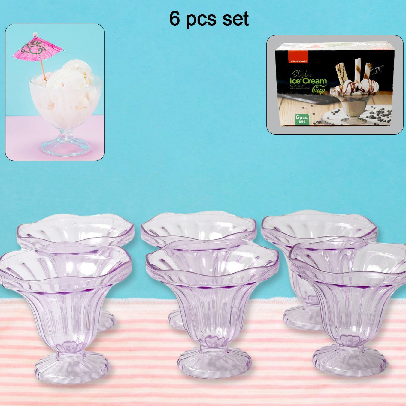 Crystal Plastic Ice-cream Bowl Home  Kitchen Serving Platter Or Dessert Cup For Sundae Sweets Snacks Fruit Pudding Nuts Or Dip Serving Bowls (Crystal Cups Set Of 6) - Happy Price - Image 1