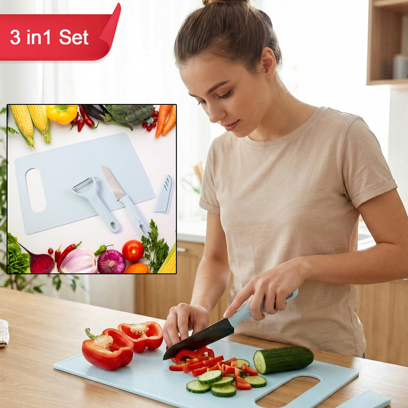 3-in-1 Kitchen Prep Set: Cutting Board, Knife & Peeler - Happy Price - Image 1