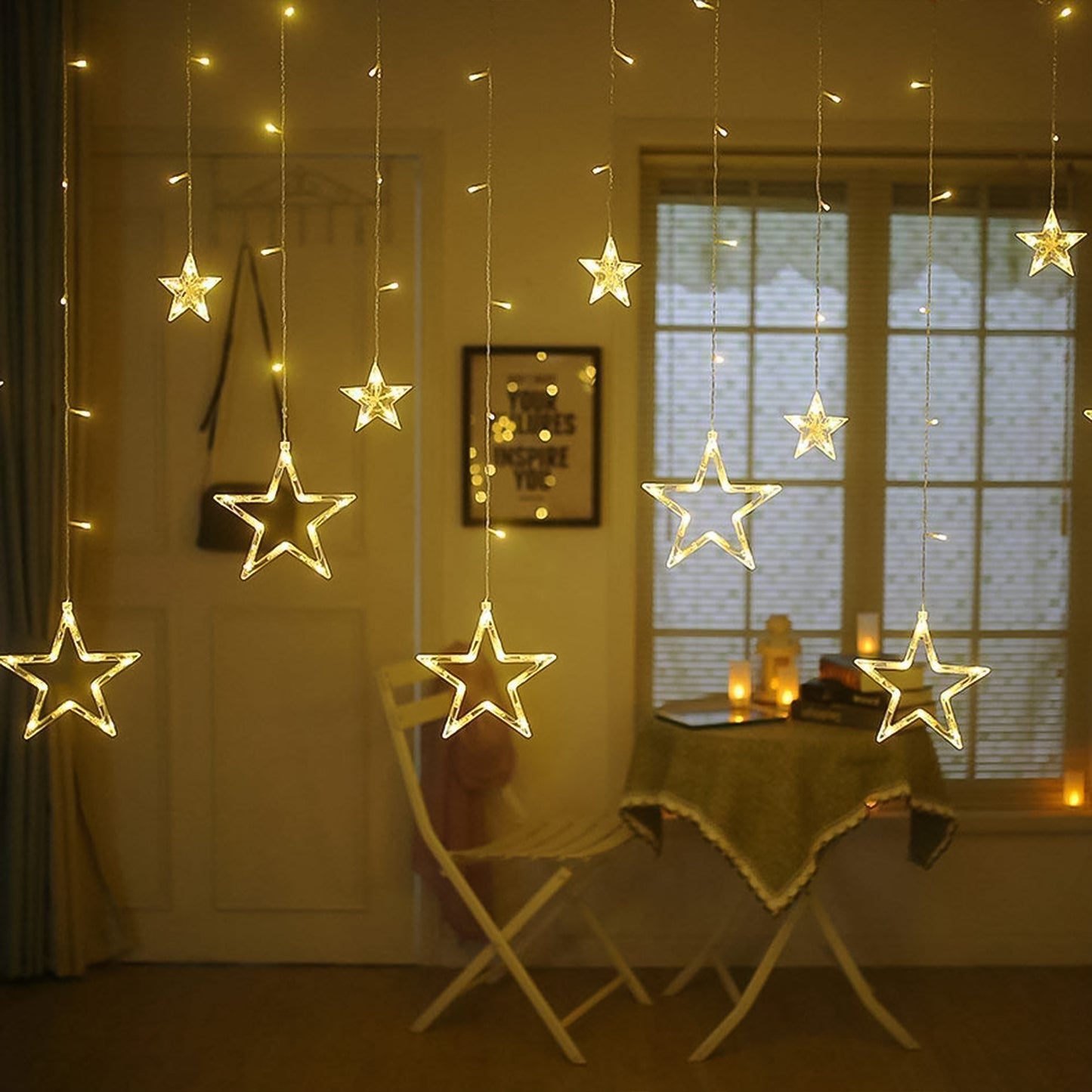 12 Star LED Curtain Lights - Warm White, 8 Modes for Festivals & Home Decor - Happy Price - Image 2