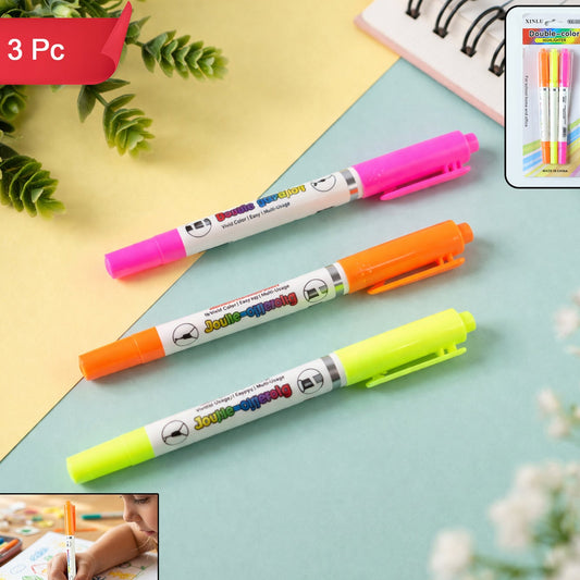 Dual Tip Double Color Highlighter Marker Pens (3 Pc Set)