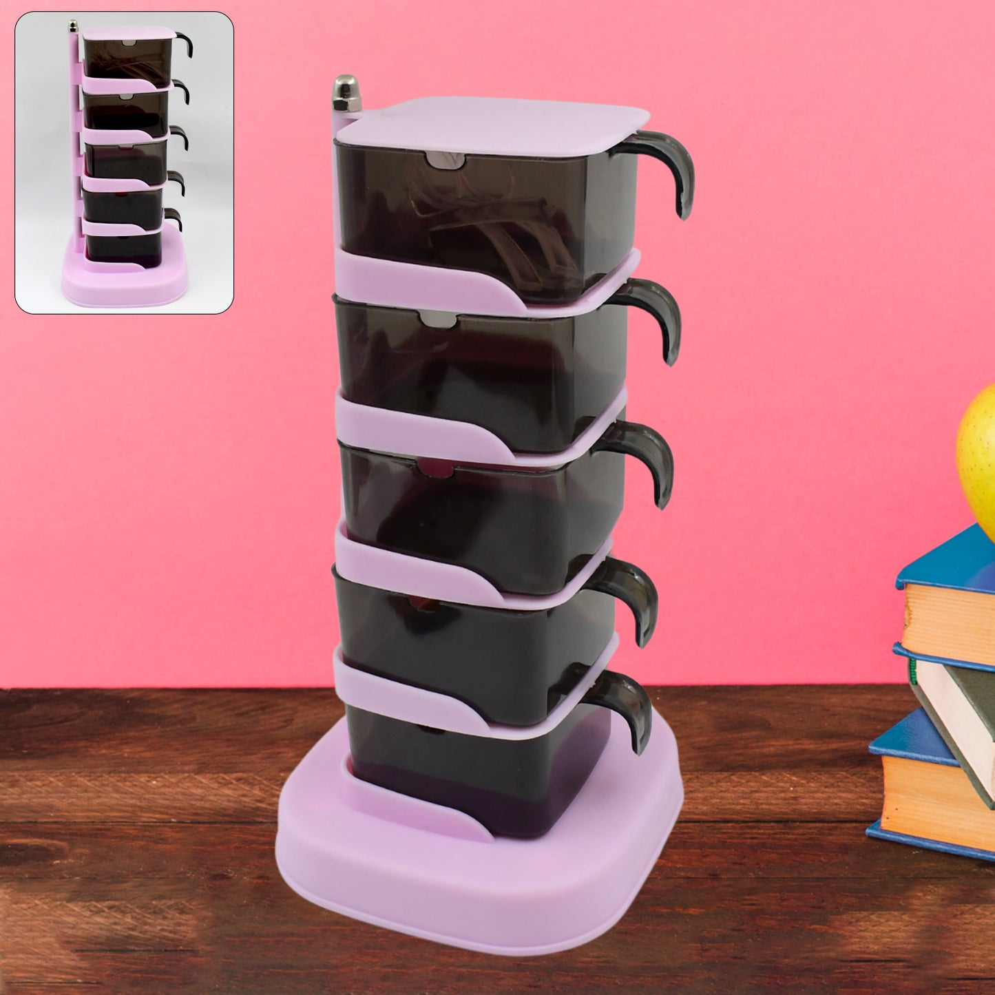 Rotating Spice Jars Vertical Rotatable Seasoning Box 5 Section  Tier With 5 Spoon (1 Set) - Happy Price - Image 2