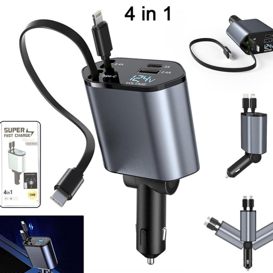 4-in-1 Car Charger with Dual Cables, Dual USB Ports & LED Display - 120W Fast Charging - Happy Price - Image 1