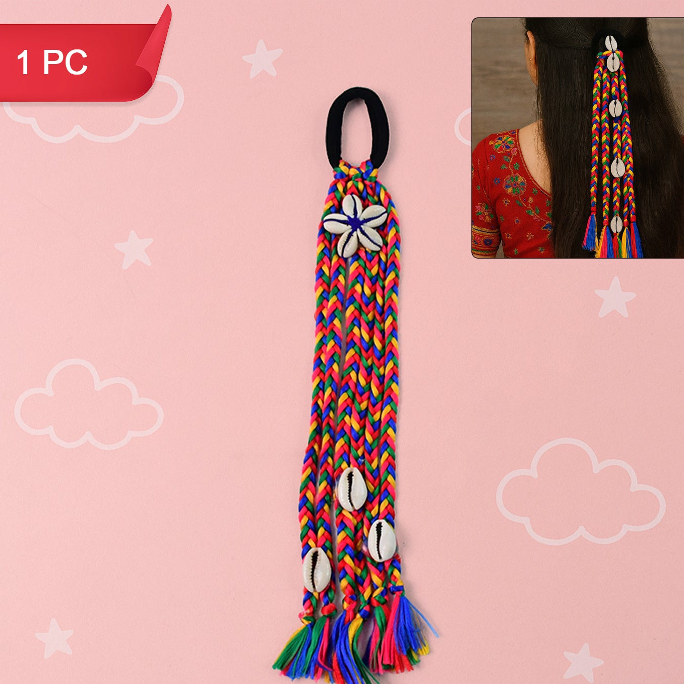 Multicolor Braided Kodi String Bow Hair Accessory with Shell Beads (1 Pc) - Happy Price - Image 1