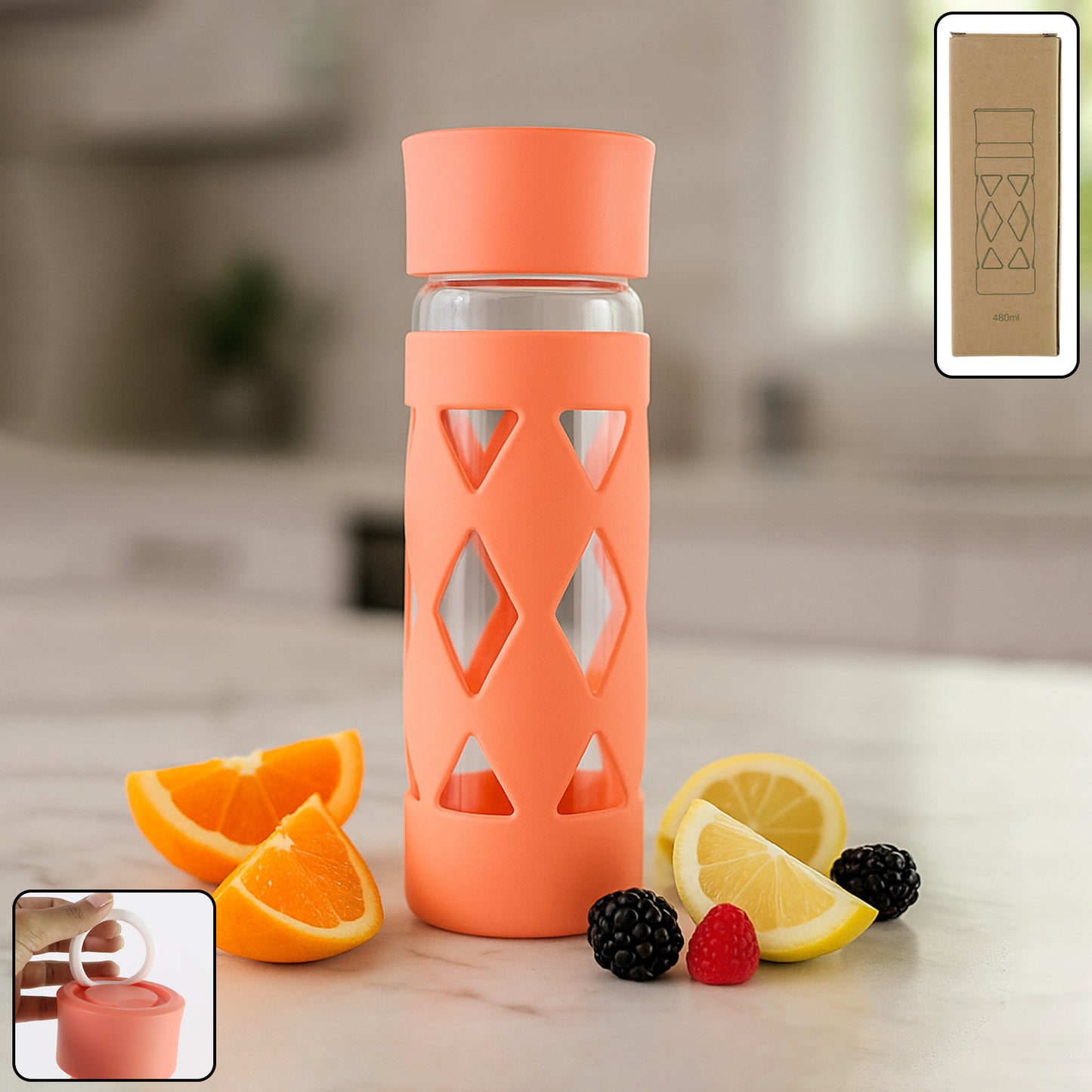 Glass Water Bottle with Protective Sleeve - 480 ML (1 Pc) - Happy Price - Image 7