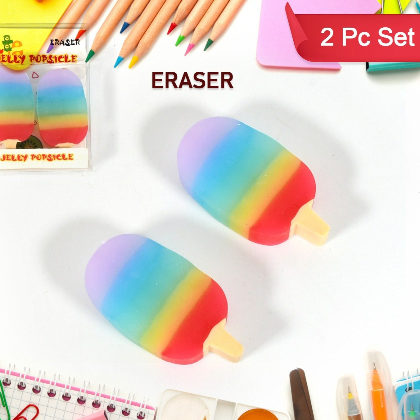 Jelly Popsicle Shape Fancy  Stylish Erasers Mini Eraser Creative Cute Novelty Eraser For Children Eraser Set For Return Gift Birthday Party School Prize (2 Pc Set) - Happy Price - Image 1